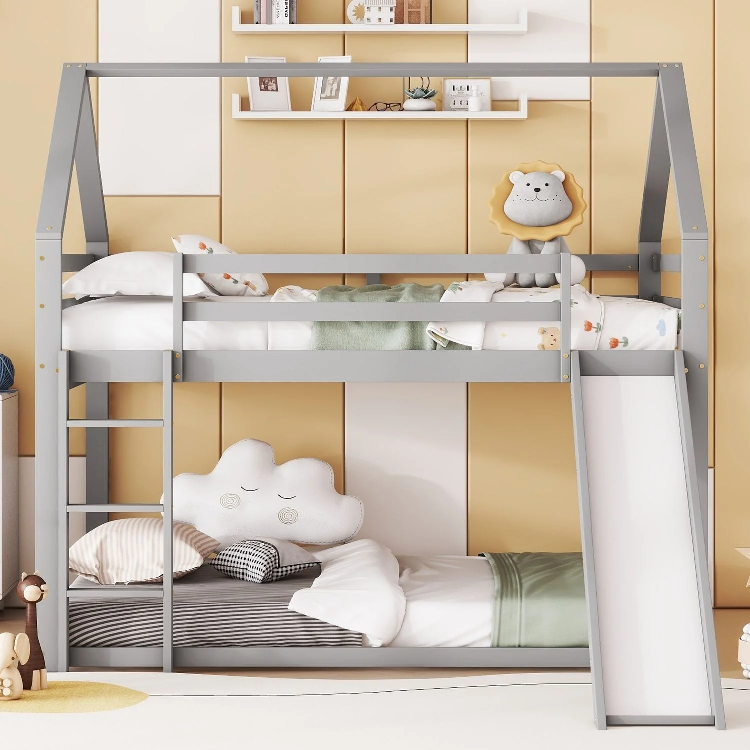 Hausbett Etagenbett Kinderbett 140x200 cm, Kiefer/MDF mit Rutsche & Treppe, hoher Rausfallschutz, Grau