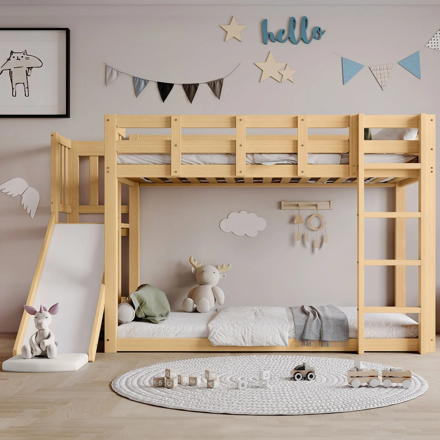 Kinder Etagenbett 90x200 mit Rutsche & Treppe - Natur Hochbett mit Vorhang, Spielbett, Schlafbett, Kinderzimmermöbel