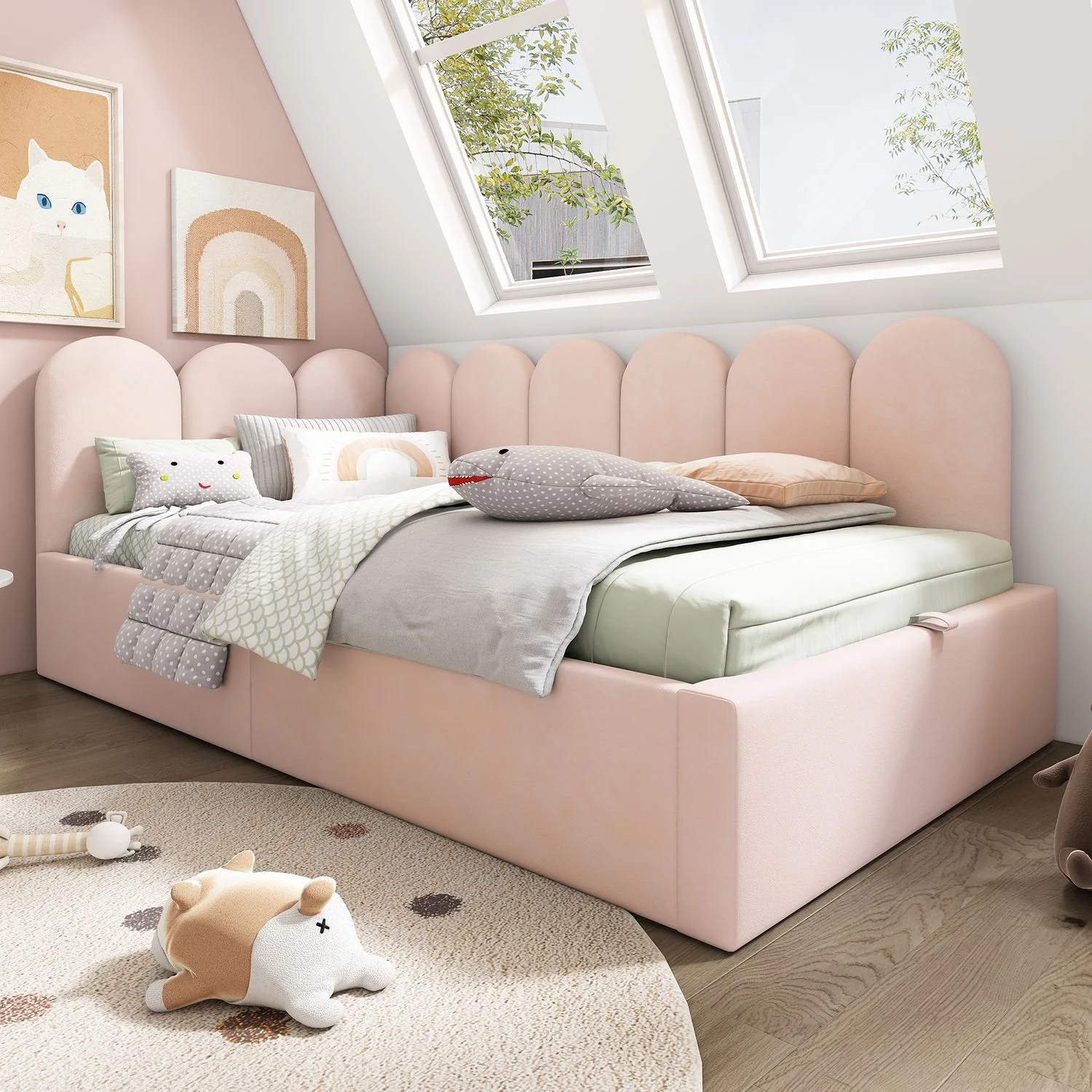 Tagesbett, Samt mit hydraulischem Stauraum & Metall-Lattenrost, 97x200x76 cm, Rosa, ohne Matratze