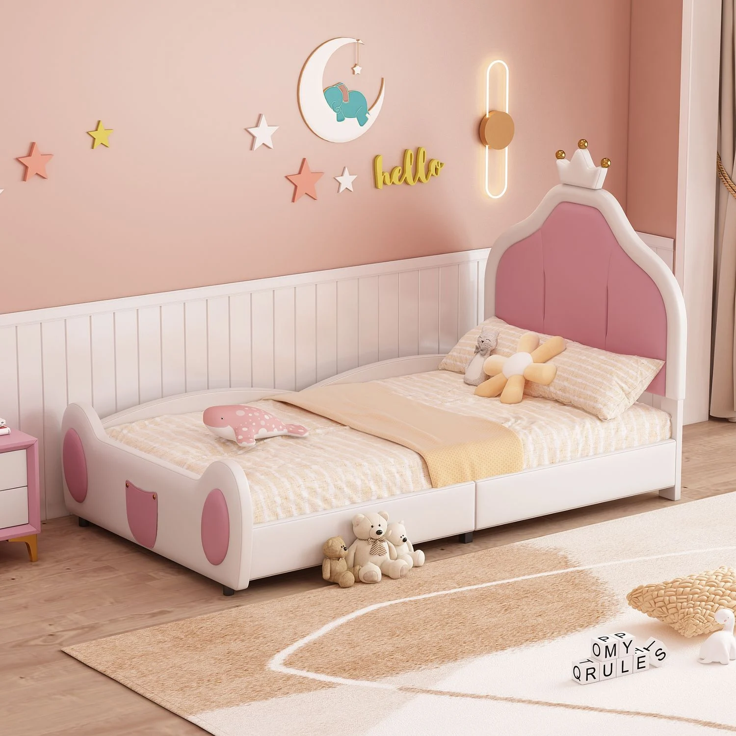 Polsterbett Kinderbett, 90*200 cm, Kopfteil mit Kranzleiste, kindliche Leistengestaltung am Kopf- und Fußende des Bettes, zweifarbiges Patchwork-Design, Kunstlederstoff, Weiß