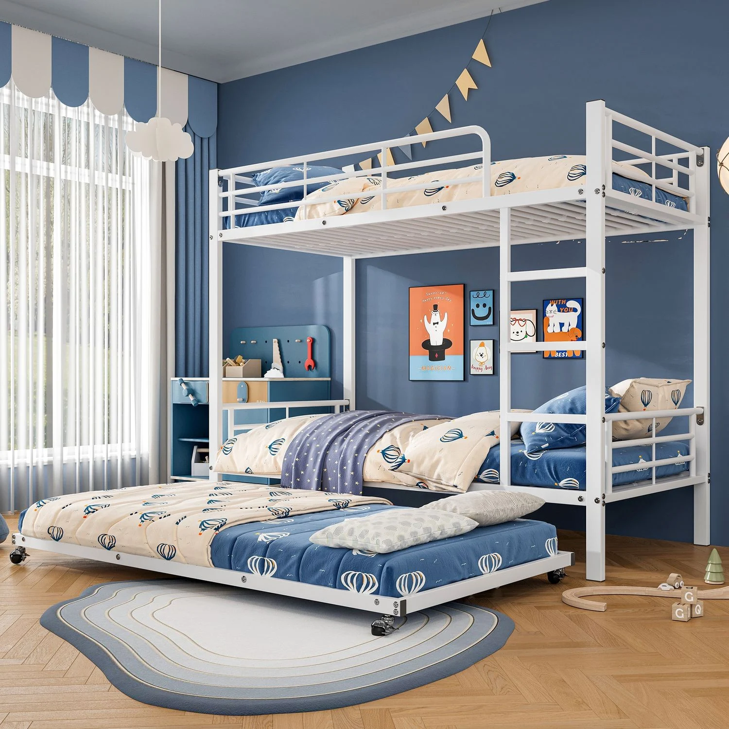 Etagenbett Eisen 90x200cm + Ausziehbett 90x190cm Kinderbett Jugendbett Weiß platzsparend