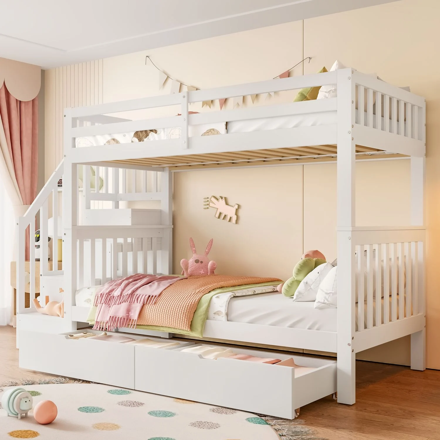 Bett 90x200 cm mit Treppenregal und Stauraum aus Kiefernholz – weißes Etagenbett, EN 747-1 zertifiziert