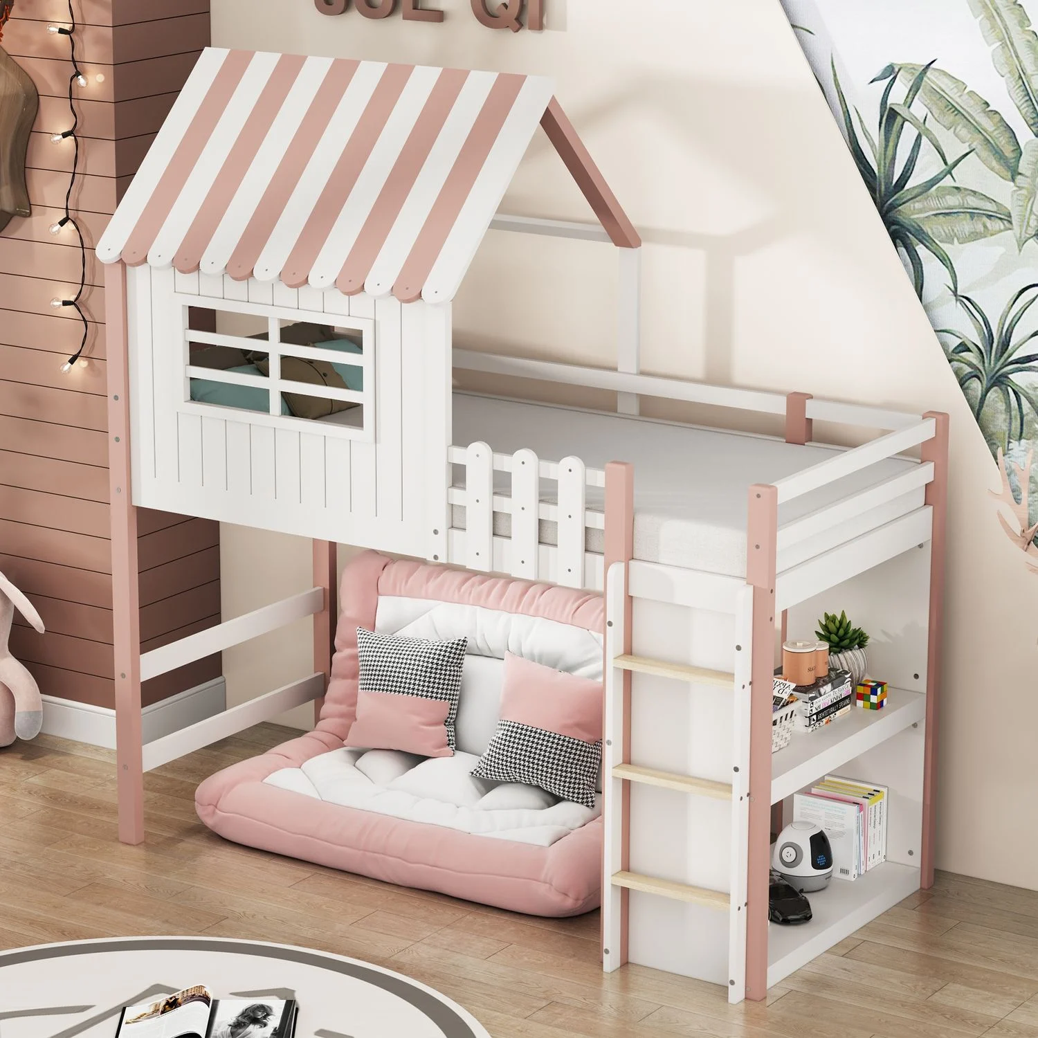 Kinderbett 90x200 cm hoch und niedrig Bett für Jungen und Mädchen Heimbett Dachform mit Sicherheitsleiter mit Ablagefach Multifunktionsbett Massivholzbett mit Lattenrost Rosa