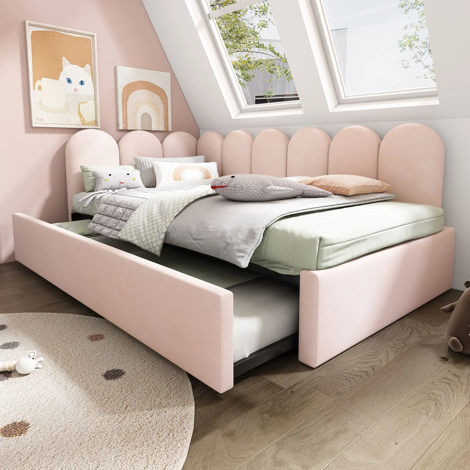 Tagesbett/Schlafsofa mit Ausziehbett 90x200/190 cm, Rosa Samt, mit Lattenrost (ohne Matratzen)