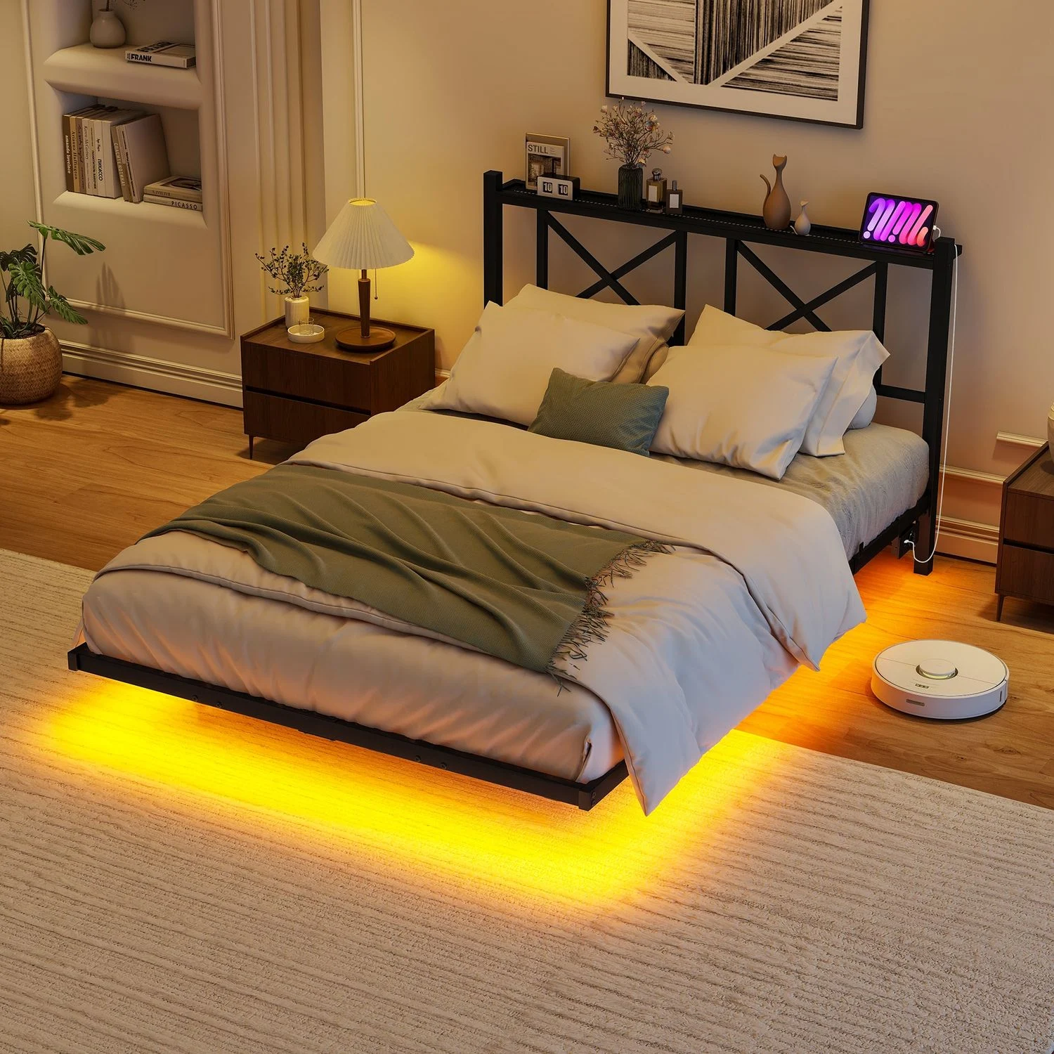 Metallbett 140x200 cm schwebende Optik, Bettgestell mit LED-Beleuchtung, Lattenrost und Ladestation,Schwarz