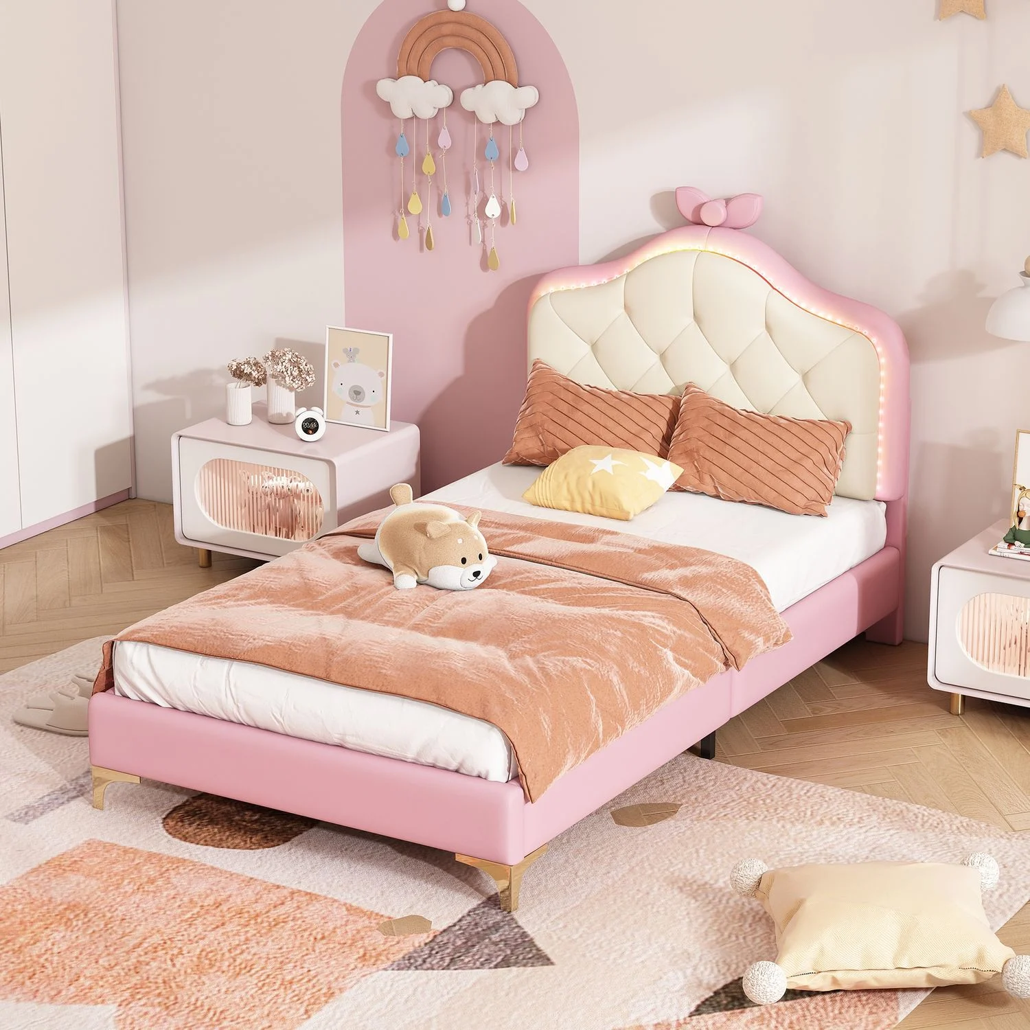 Kinderbett 90x200 cm, Polsterbett aus PU mit mehrfarbiger LED-Lichtleiste, rosa-weißes Design und dekorativer Schleife
