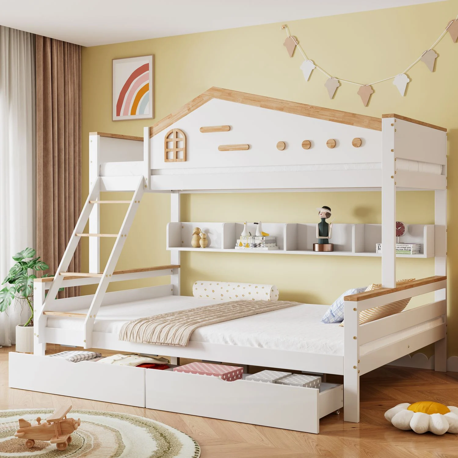 Etagenbett aus Holz mit Regal & 2 Schubladen, 90x200/140x200 cm, Weiß/Natur, ohne Matratze