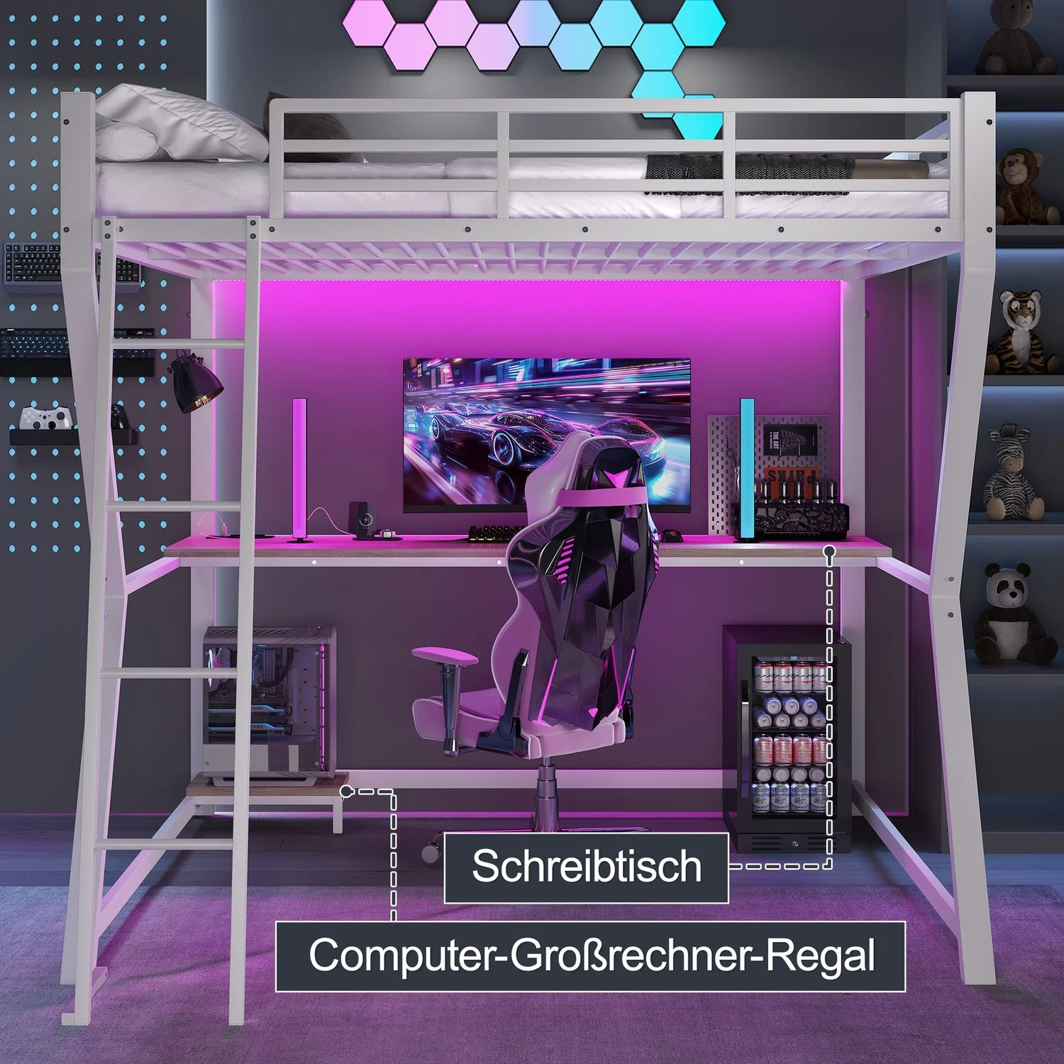 Hochbett 140x200 cm, Metallrahmen & MDF, mit Ambientelicht, integriertem Schreibtisch und Steckdose/USB, sicheres Geländer,Weiß