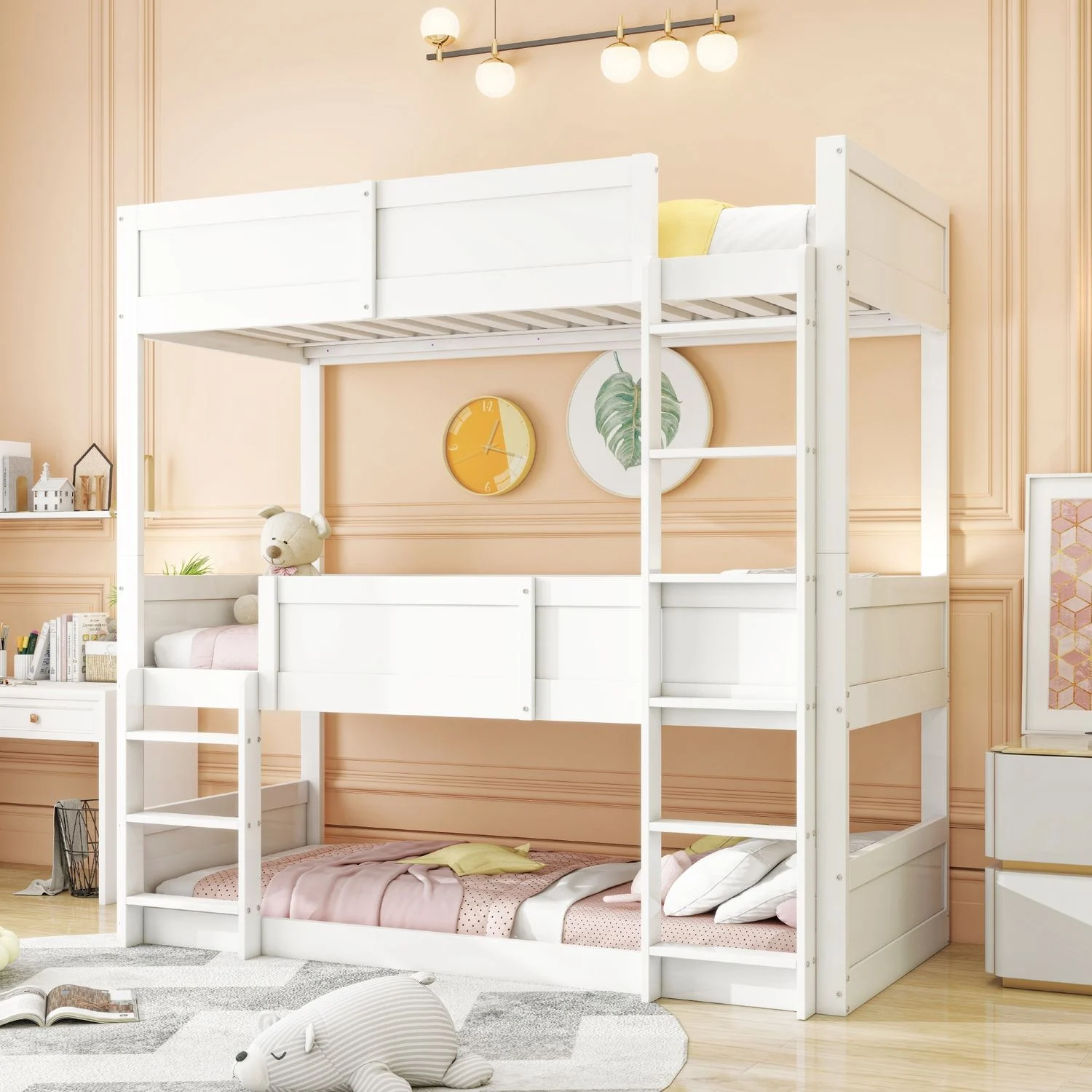 Dreibettzimmerbett 90*200 cm, Massivholzlatten, Hochbett, hohes Zaundesign, Kinderbett, Holzbett, weiß