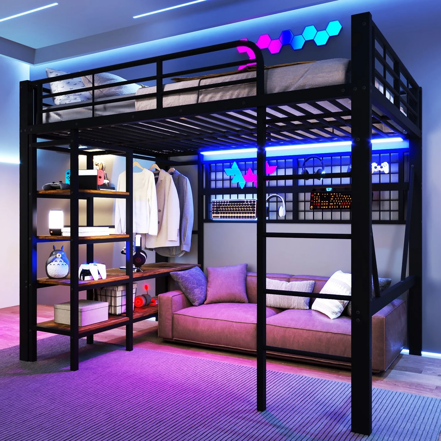 Hochbett, 140 x 200 cm, Eisenrahmen, Ablagefach, Netz zum Aufhängen von Gegenständen, mit Kleiderstange, offener Raum unter dem Bett, mit LED-Lichtleiste, ohne Matratze, Schwarz