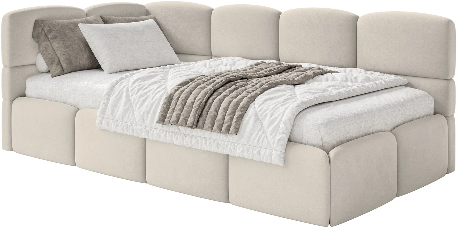Selsey 'Cloudy' Jugendbett 120 cm, Bettkasten, Velours wasserabweisend, Kopfteil links, Hellbeige