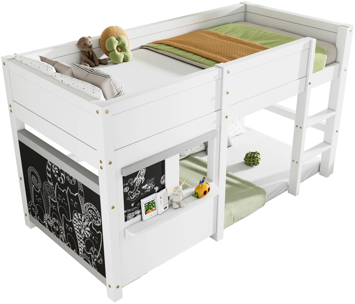 Kinderbett Hausbett 90x200 cm Kiefer Massivholz mit Rausfallschutz und Tafel, skandinavisch weiß
