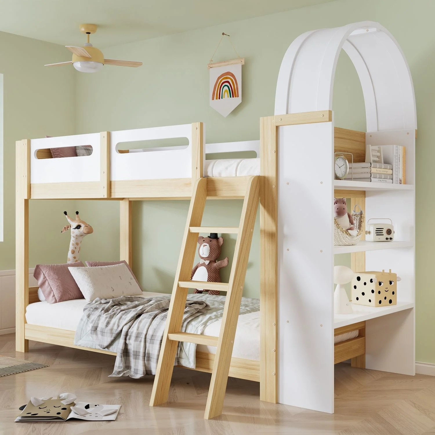 Etagenbett aus Kiefer & MDF mit Regal und Bettgitter, 90x200 cm, Weiß/Natur, ohne Matratze