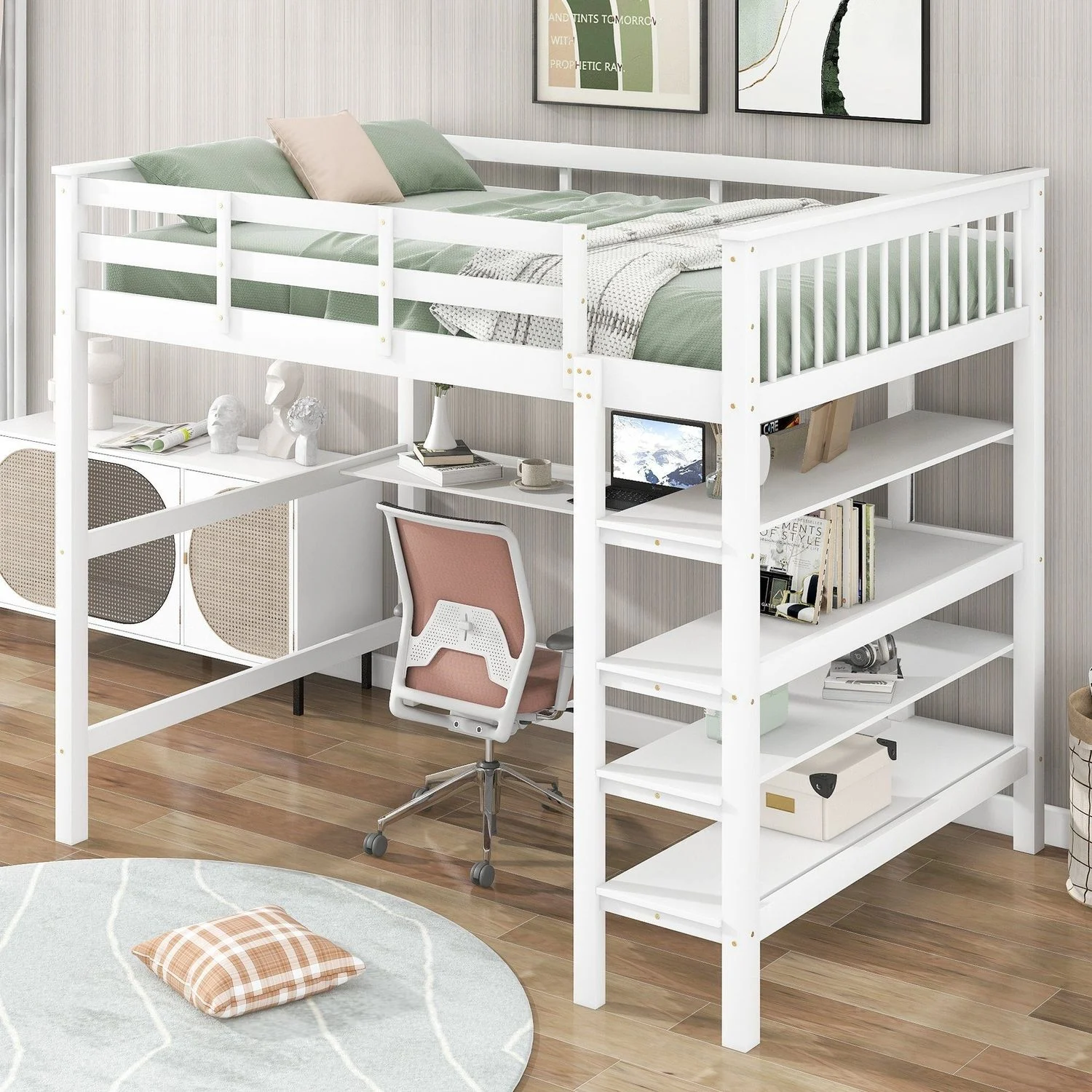 Hochbett mit Lattenrost und Rausfallschutz, 140x200 cm, Doppelbett, Holzbett aus Kiefer, Kinderbett, Jugendbett