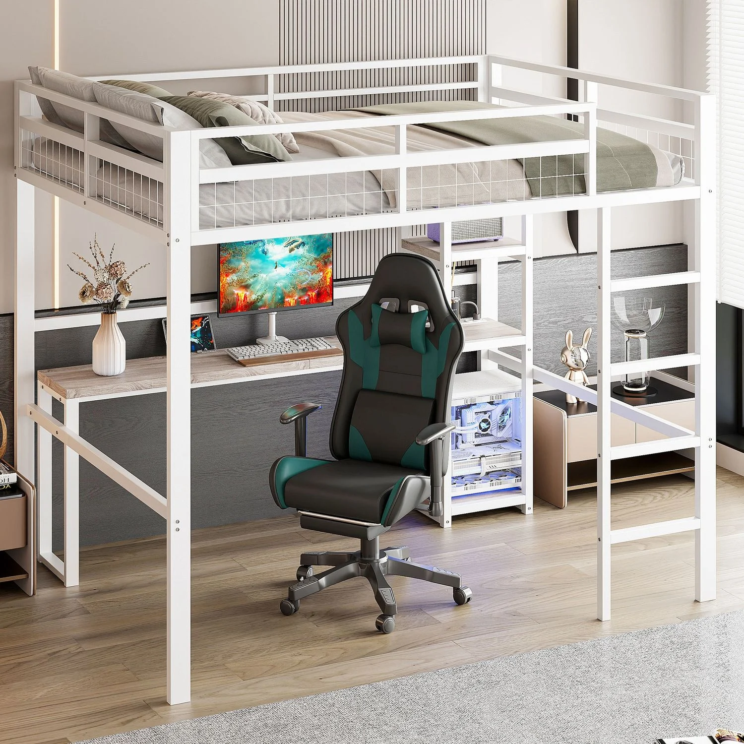 Hochbett 140x200 cm, Metallrahmen, integrierter Schreibtisch mit USB/Type-C, Regale & Geländer, Weiß