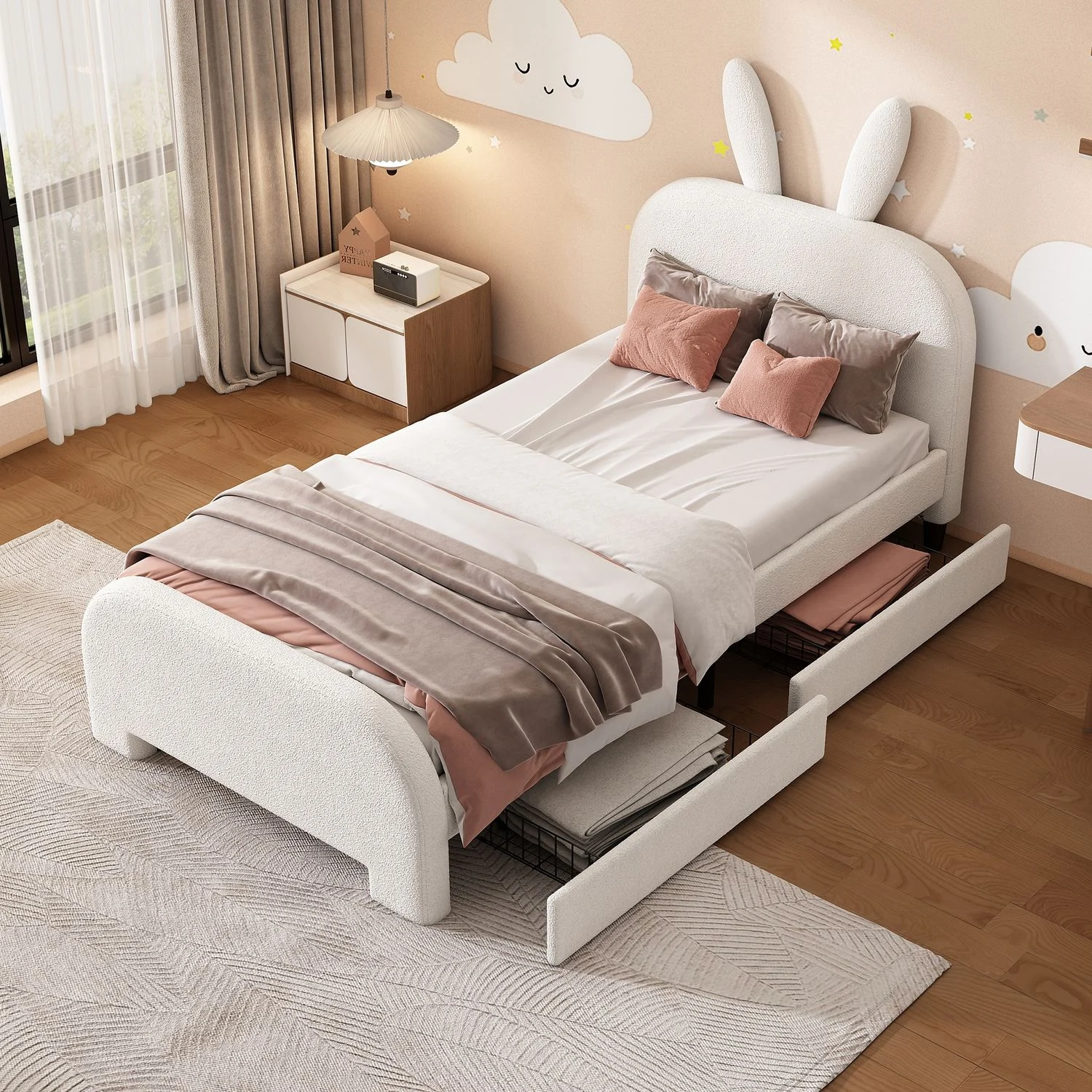 Bett 90x200 cm gepolstert mit Lammwolle & MDF, 2 Schubladen, Kaninchen-Kopfteil, Weiß