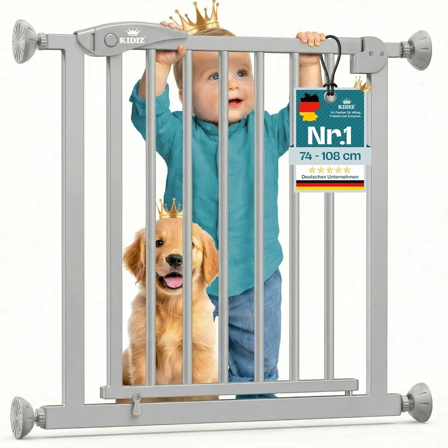 KIDIZ® Türschutzgitter Absperrgitter Treppengitter Kindergitter | Gitter Haustier | ohne Bohren | beidseitig schwenkbar, Farbe: Grau, Größe: 74-87 cm