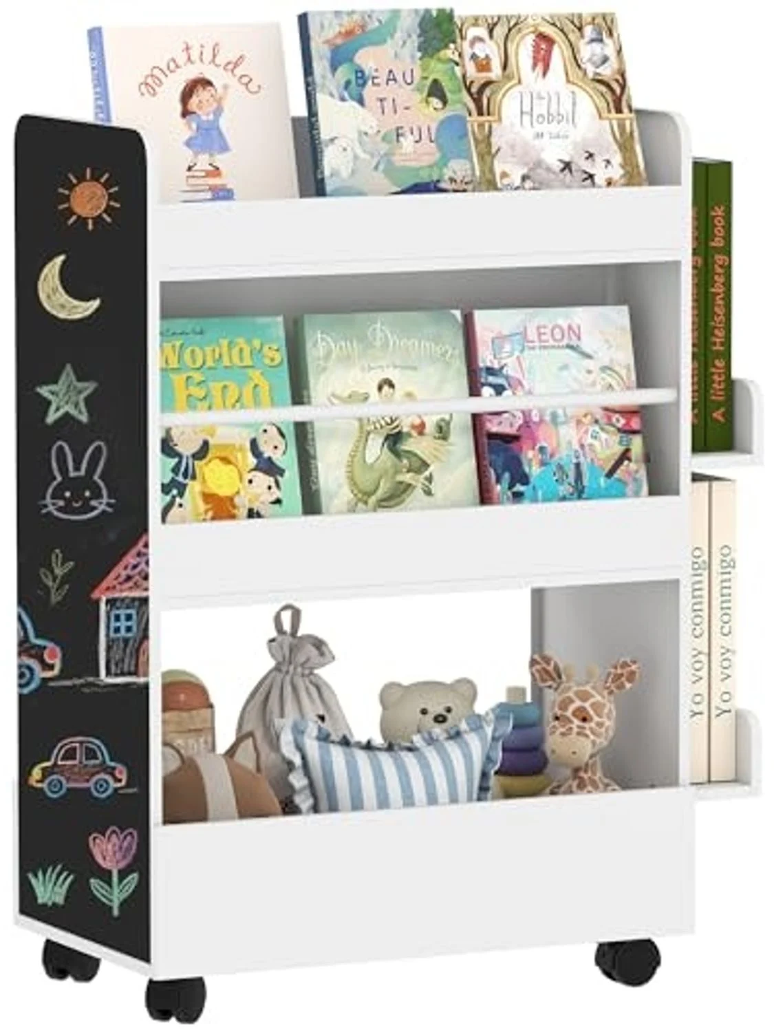 AIYAPLAY Regal doppelseitiges Kinderregal mit 4 Regalen, Bodenfach, 2 Seitenteile, Kinder Bücherregal 1-tlg, mit Tafel, Rollen, für Kinderzimmer, Spielzimmer, für 3–8 Jahre, Weiß