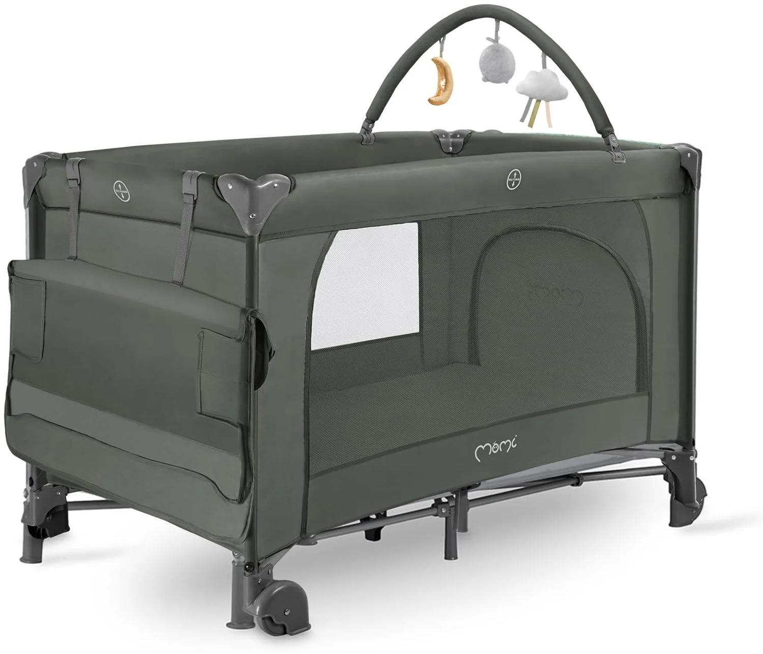 MoMi Kinder- und Baby-Reisebett-Set BELOVE PLUS 2-in-1, faltbar, 2 Schlafebenen für Babys bis 9 kg und Kinder bis 15 kg mit Kindermatratze, Spielbügel, Wickelauflage und Tragetasche