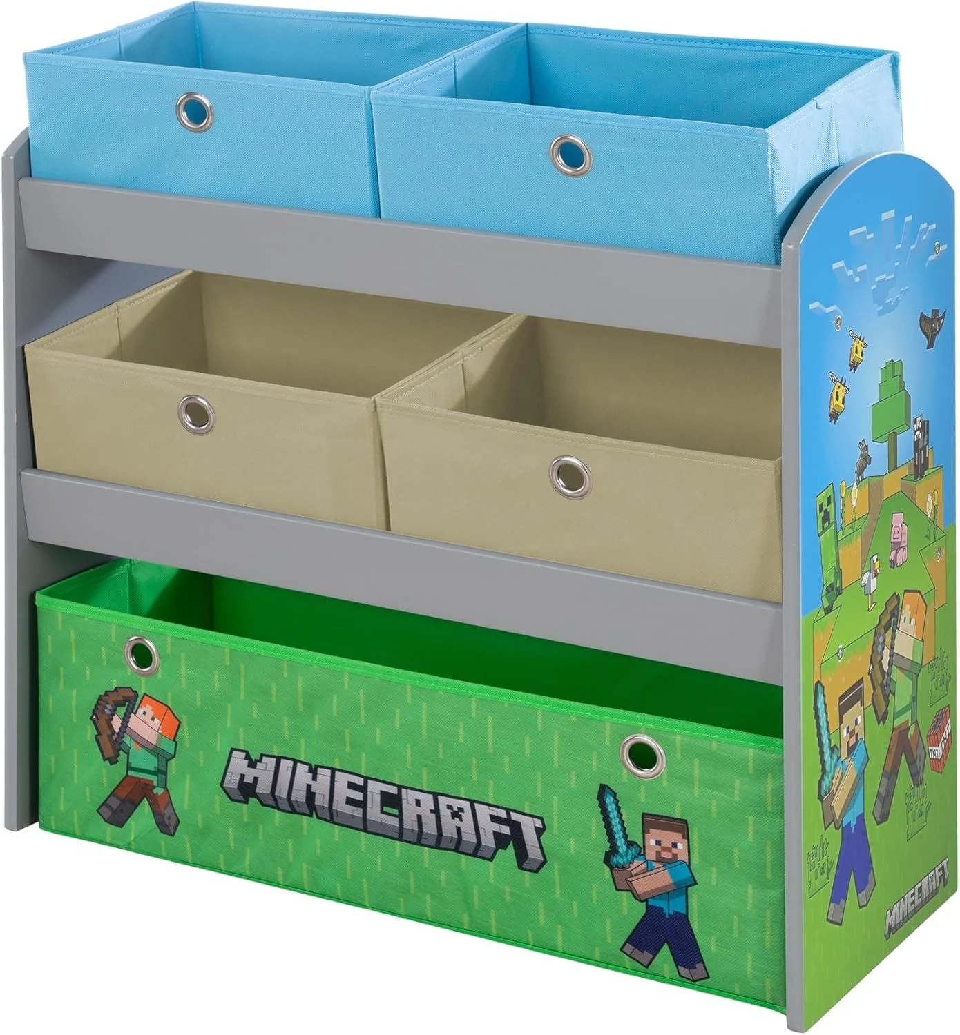 MINECRAFT - Spieleregal, Bücherregal, Stauraumregal mit 5 Stoffboxen, Kindermöbel mit buntem Design