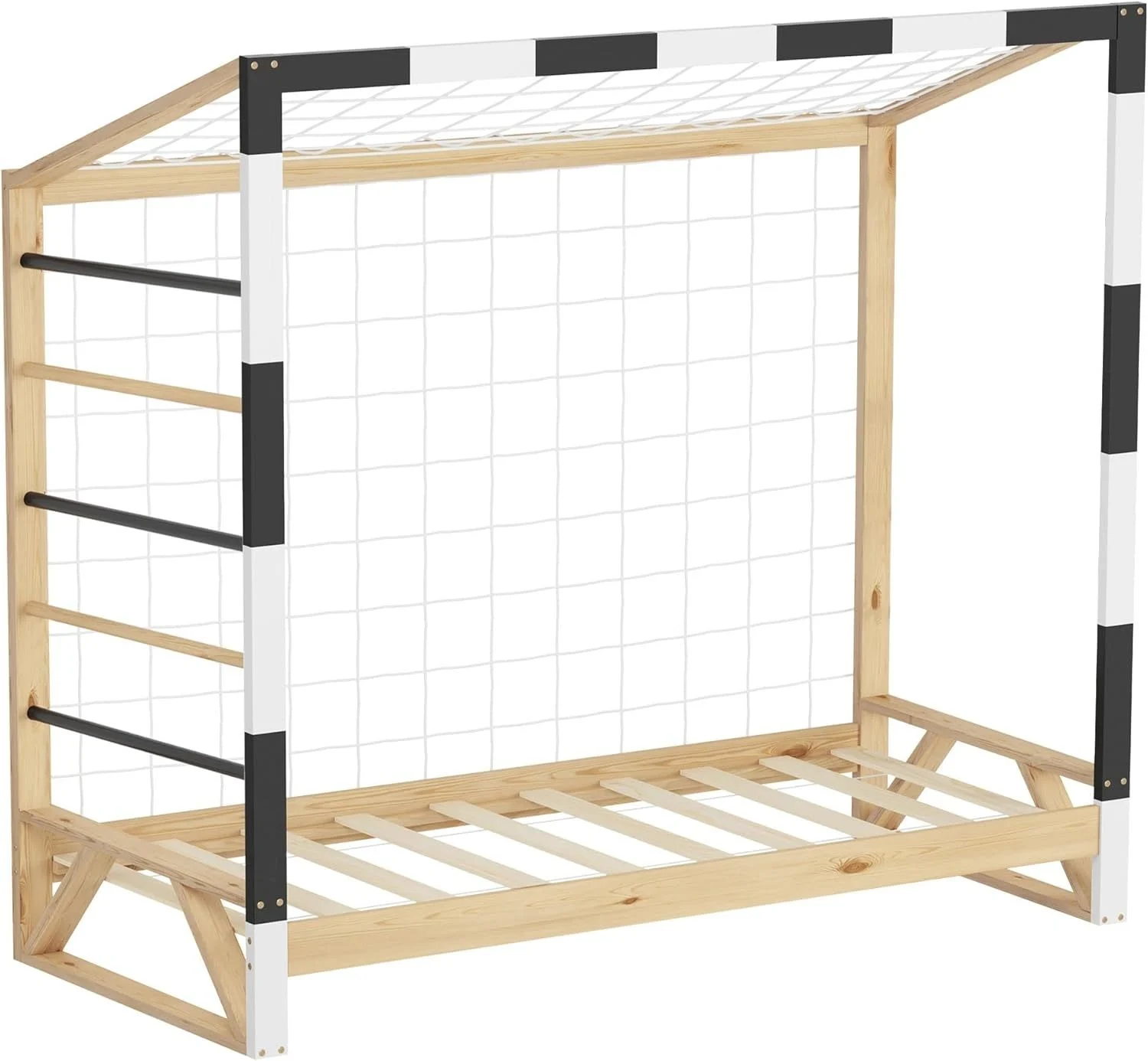 ML-DESIGN Spielbett Kinderbett Fußballtor Holzbett mit Lattenrost Kletterleiter & Netz, Handballtor Abenteuerbett 80x160cm Natur für Kinder aus Kiefernholz