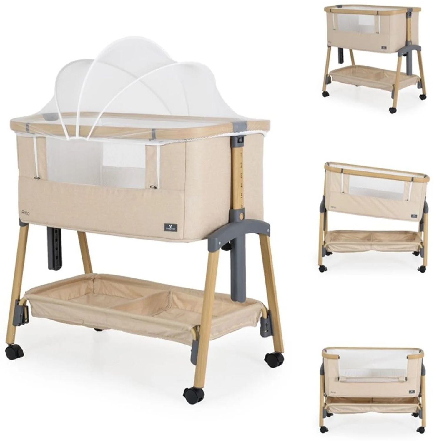Cangaroo Beistellbett Amo höhenverstellbar, Moskitonetz, Rollen, Bremse Matratze beige