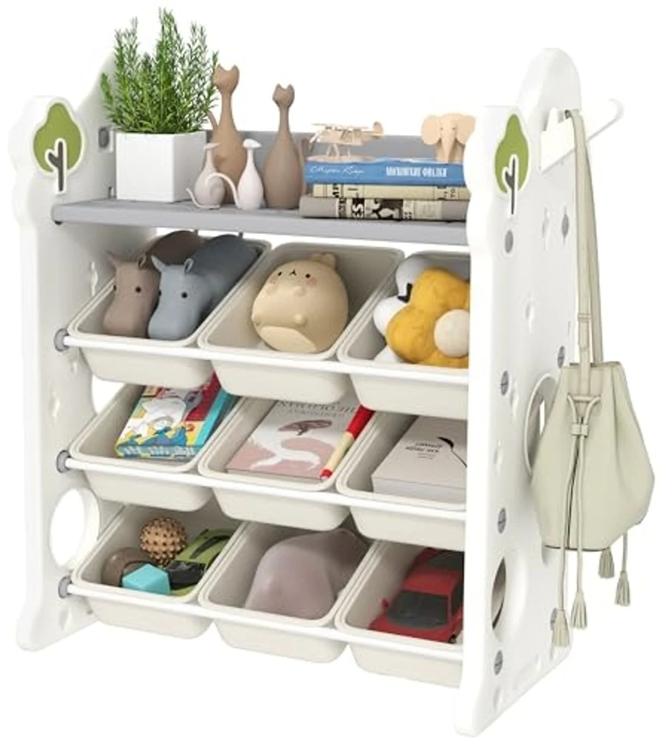 AIYAPLAY Standregal Kinderregal mit Aufbewahrungsboxen : 4, Set 1-tlg, 4 Ebenen, 9 Boxen, Seitenhaken