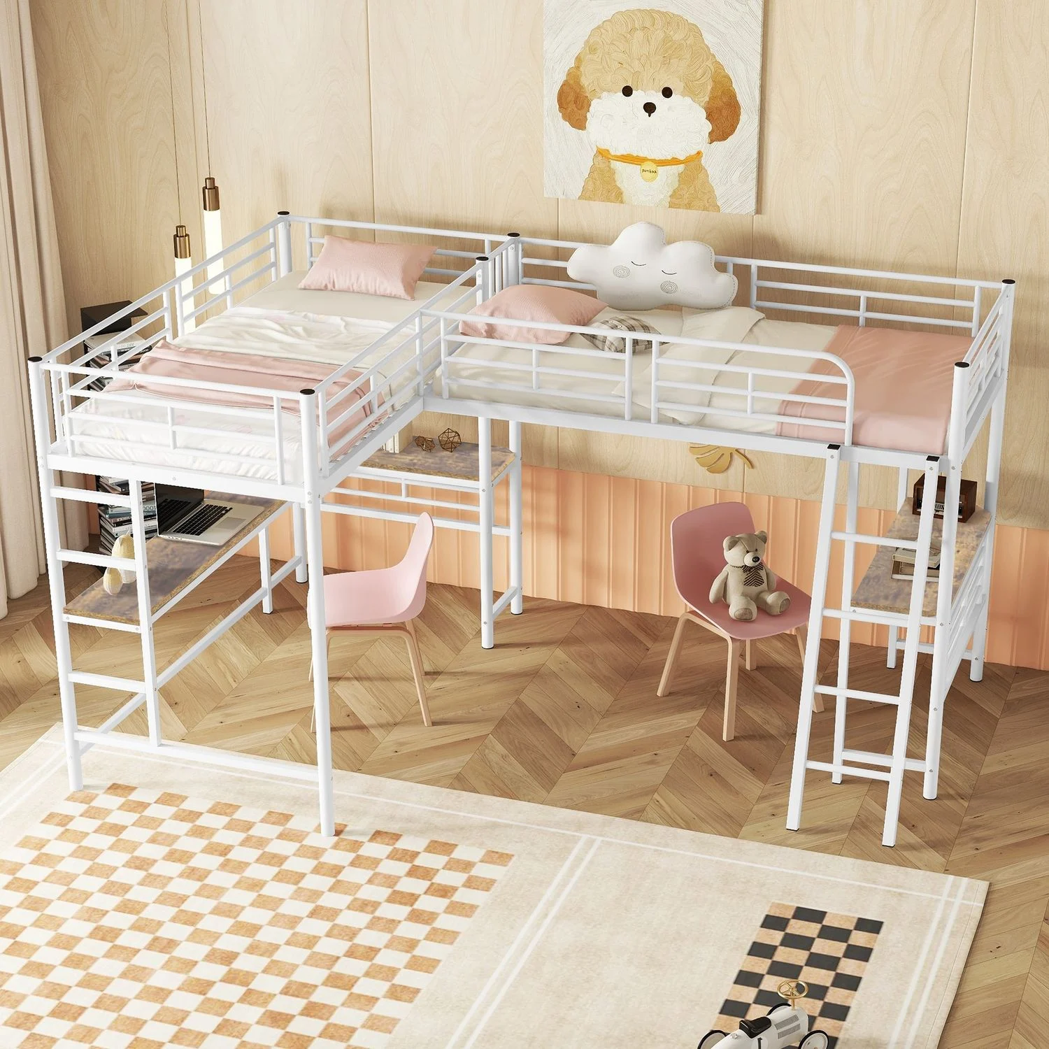 Hochbett 90x200 cm Kinder Hochbett mit Schreibtisch unter dem Bett,Doppel-Treppe, hohes Sicherheitsgeländer,Weiß