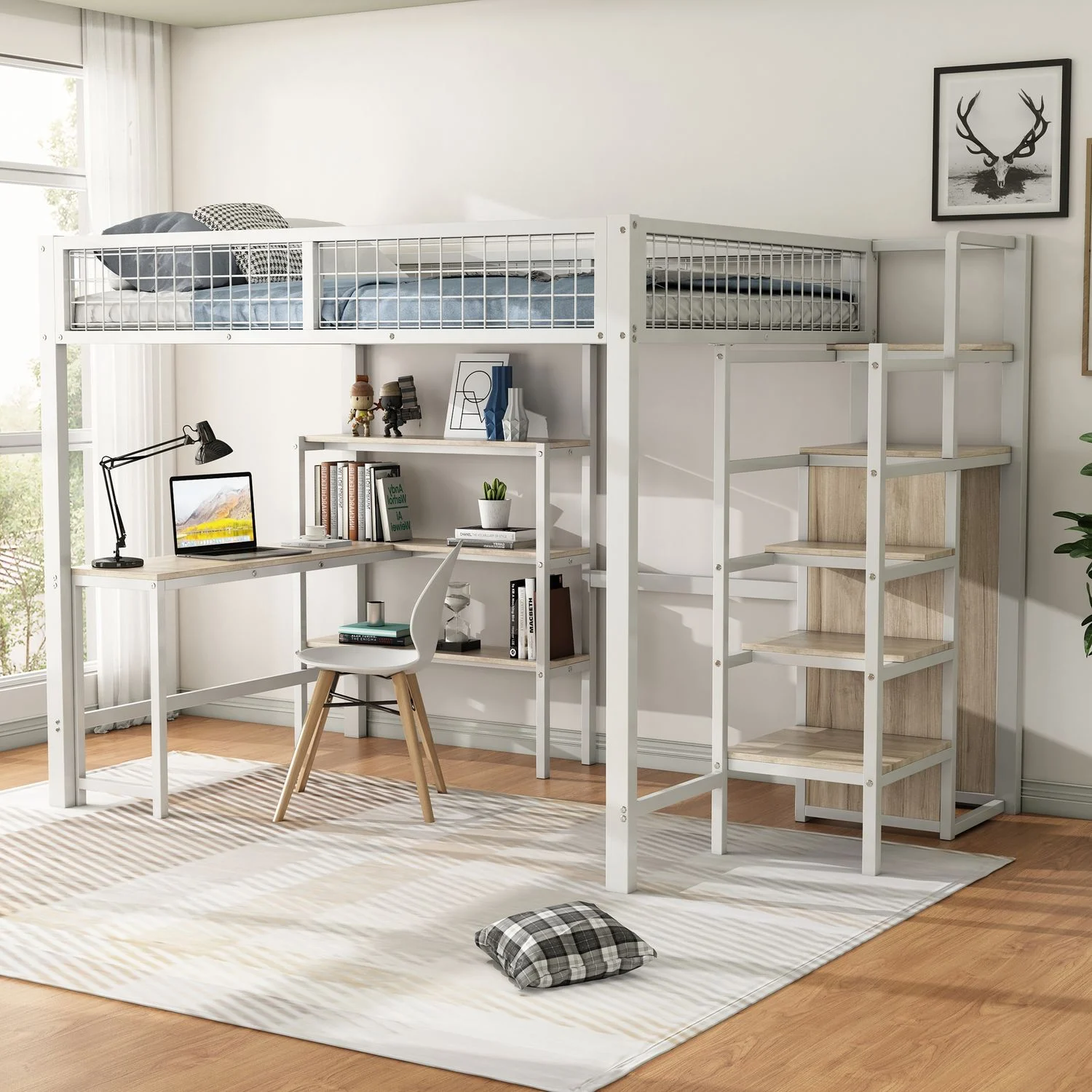 Hochbett 140x200 cm mit LOFT-Design, Metallrahmen und MDF, Untertisch mit Schreibtisch, Regalen und Einbauschrank,Jugendbett, Weiß