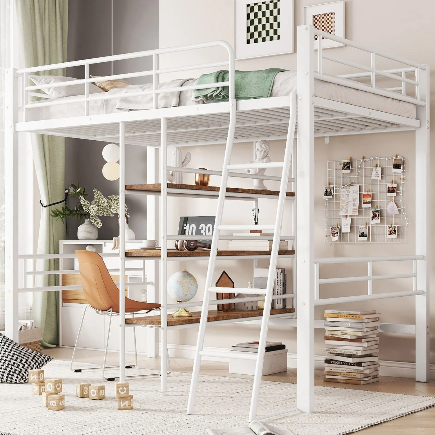 Hochbett, 90*200cm , ohne Matratze, Bett mit Schreibtisch, Mehrere Regale, Geländer, Leiter, Eisenrahmen, Weiß