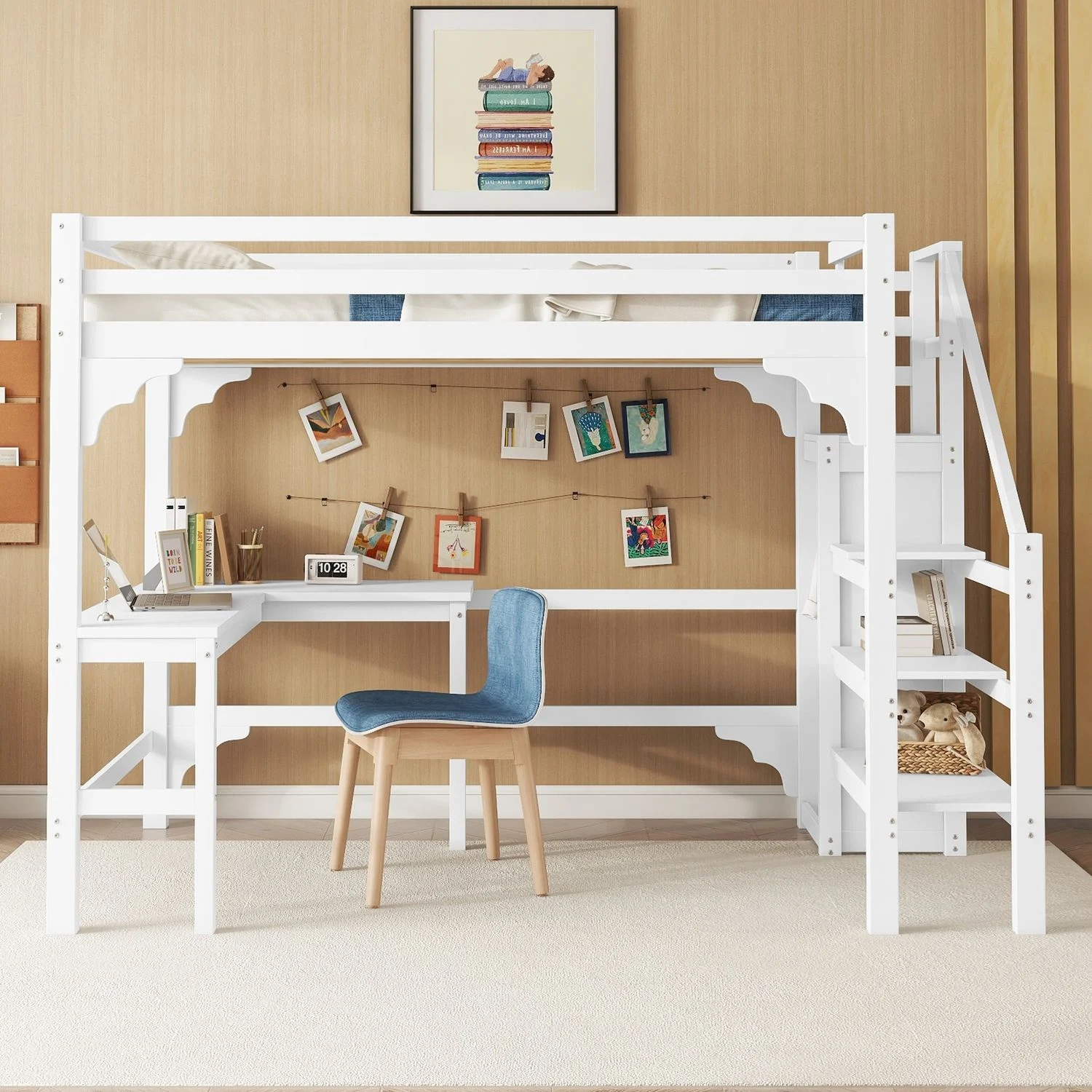 Hochbett aus Kiefernholz & MDF mit L-Schreibtisch, 140x200 cm, Weiß, ohne Matratze