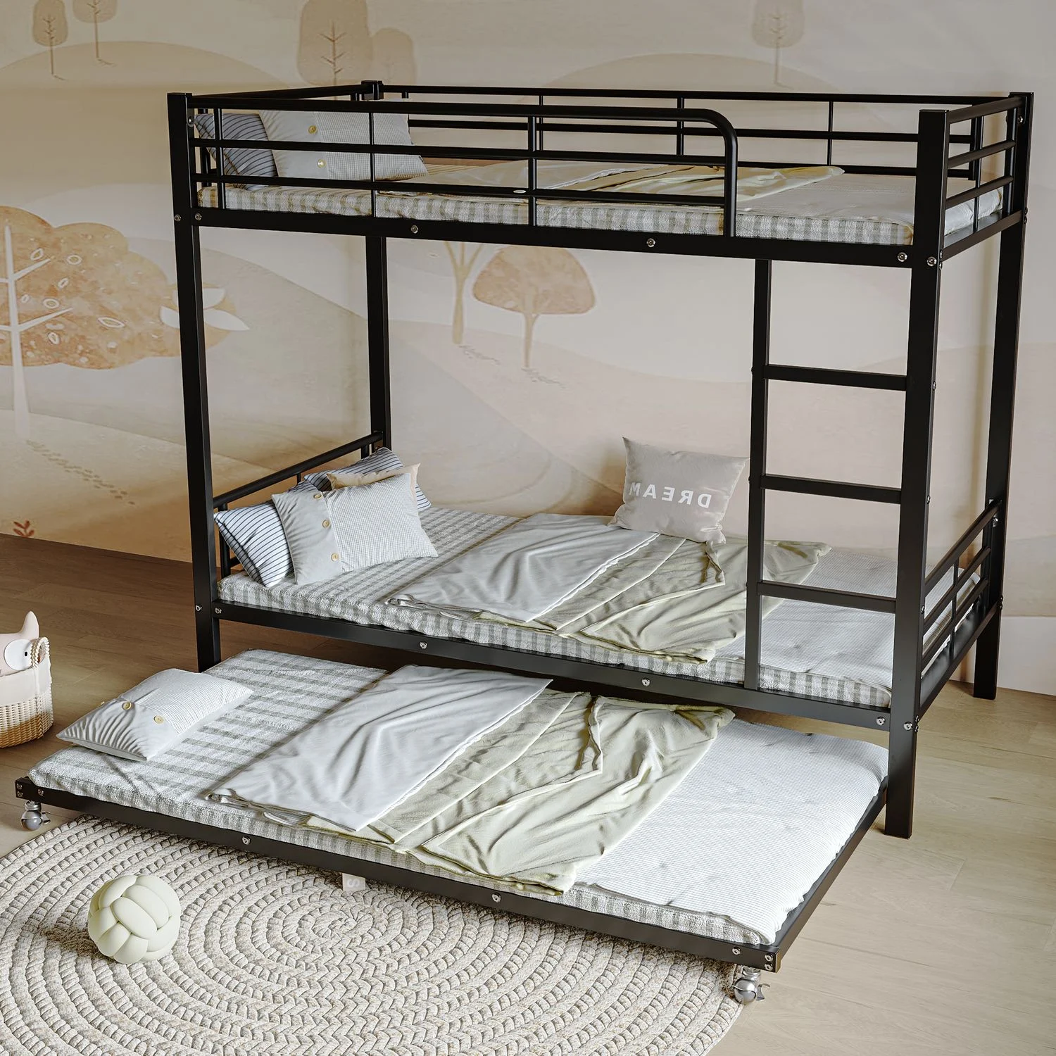 Metall-Etagenbett mit ausziehbarem Rollbett, 90×200 & 90×190 cm, platzsparendes Eisenbett für Kinderzimmer und Jugendzimmer