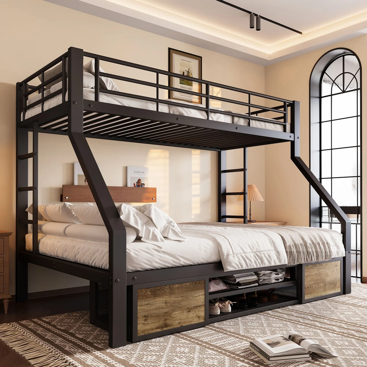 Etagenbett 90 x 200 cm / 140 x 200 cm, Metall‑MDF Kinderbett mit Schuhschrank, Staufächern, Leiter und Rausfallschutz, EN747‑zertifiziert, schwarz