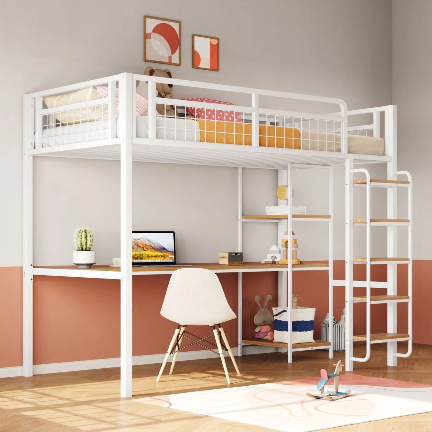 Metall-Hochbett, 90*200 cm, Sicherheitsleiter mit Treppenstufen, Einzelbett, Kinderbett mit Tisch und Regalen, Metallgitter-Sicherheitszaun, Weiß