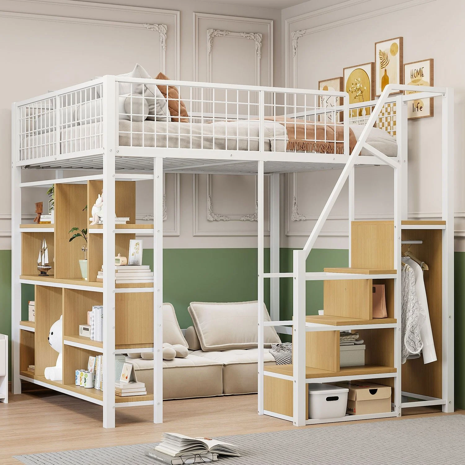Hochbett 140x200 cm mit Stauraumtreppe, Aufbewahrungsschrank & Metallrahmen, platzsparendes Jugendbett Weiß