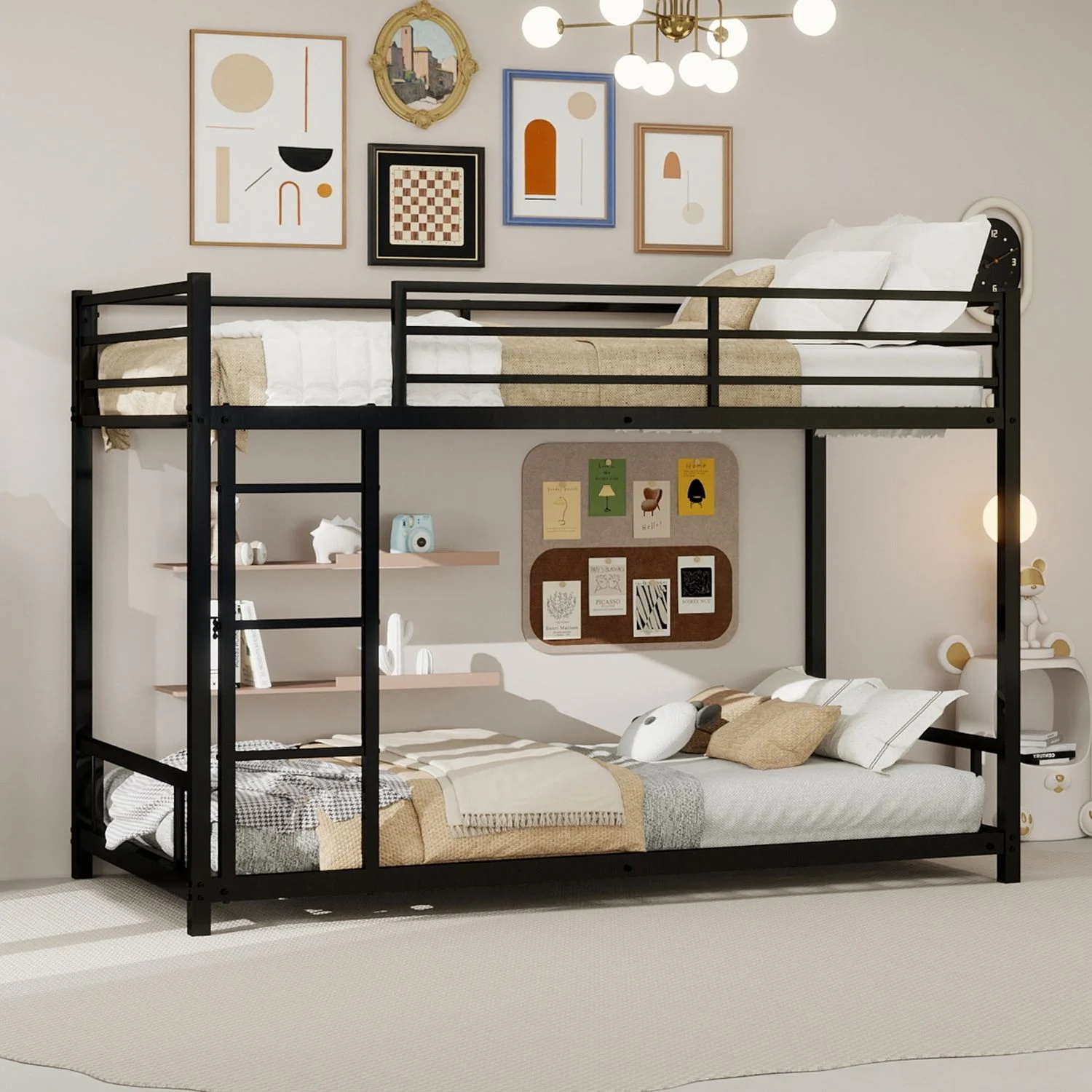 Metall-Etagenbett mit zwei Einzelbetten, Maße 90*190 cm / Schweres, stabiles Metallgestell / Geräuscharmes Design / Sicherheitsgeländer / Kein Boxspring erforderlich.