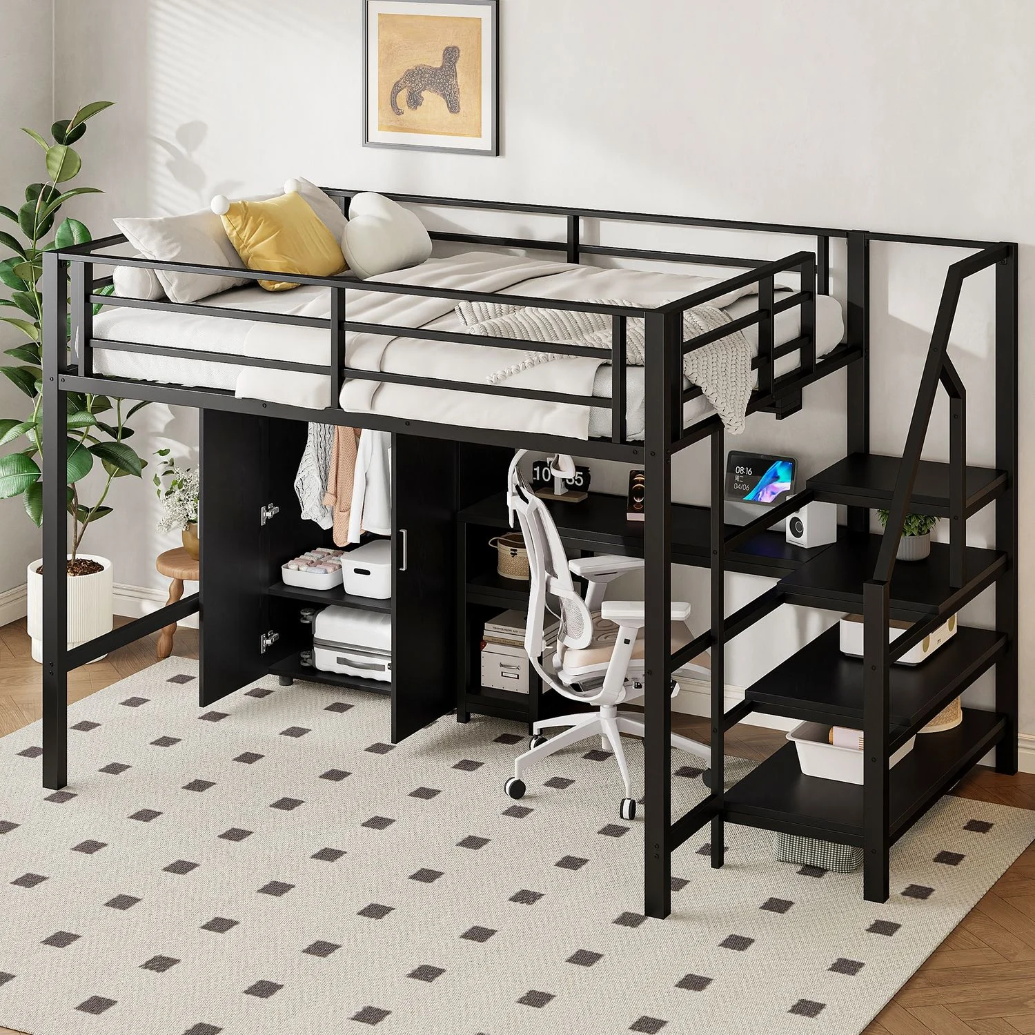 Kinder-Hochbett 140x200 cm mit Kleiderschrank, Ablageleiter, Regale, integriertem Schreibtisch,multifunktionales