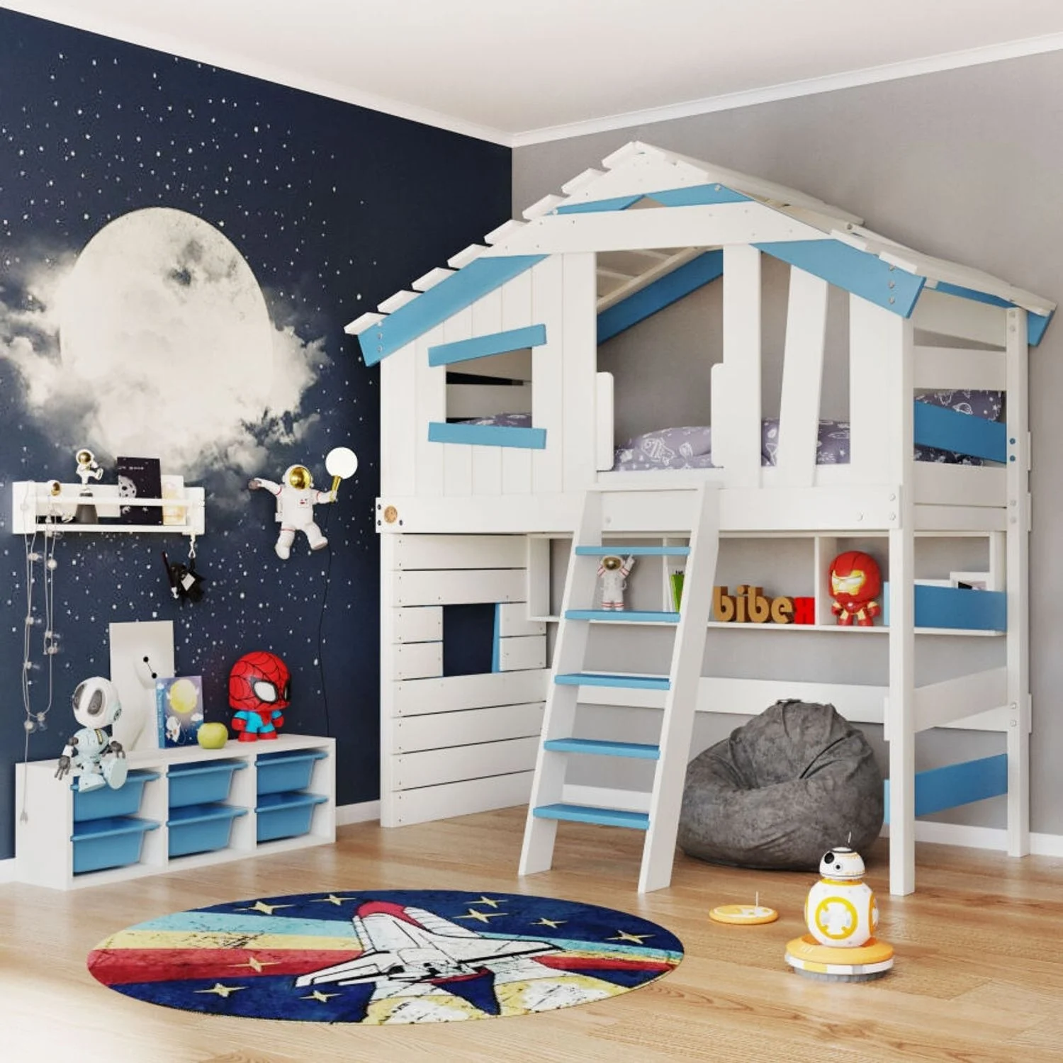 BIBEX ‘Alpin Chalet‘ Hochbett mit Hangeregal, massive Kiefer, weiss/blau, 90 x 200 cm