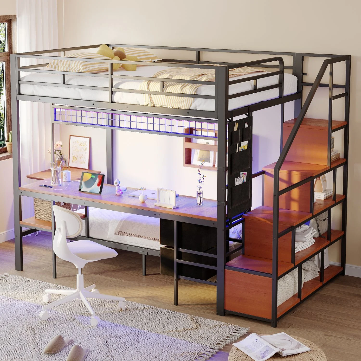 Metall-Hochbett,Multifunktionsbett mit Schreibtisch,LED,Mit Steckdosen,offenem Stauraum und Stoffschubladen-Oberbett 140*200,und Unterbett 90*200,Schwarz