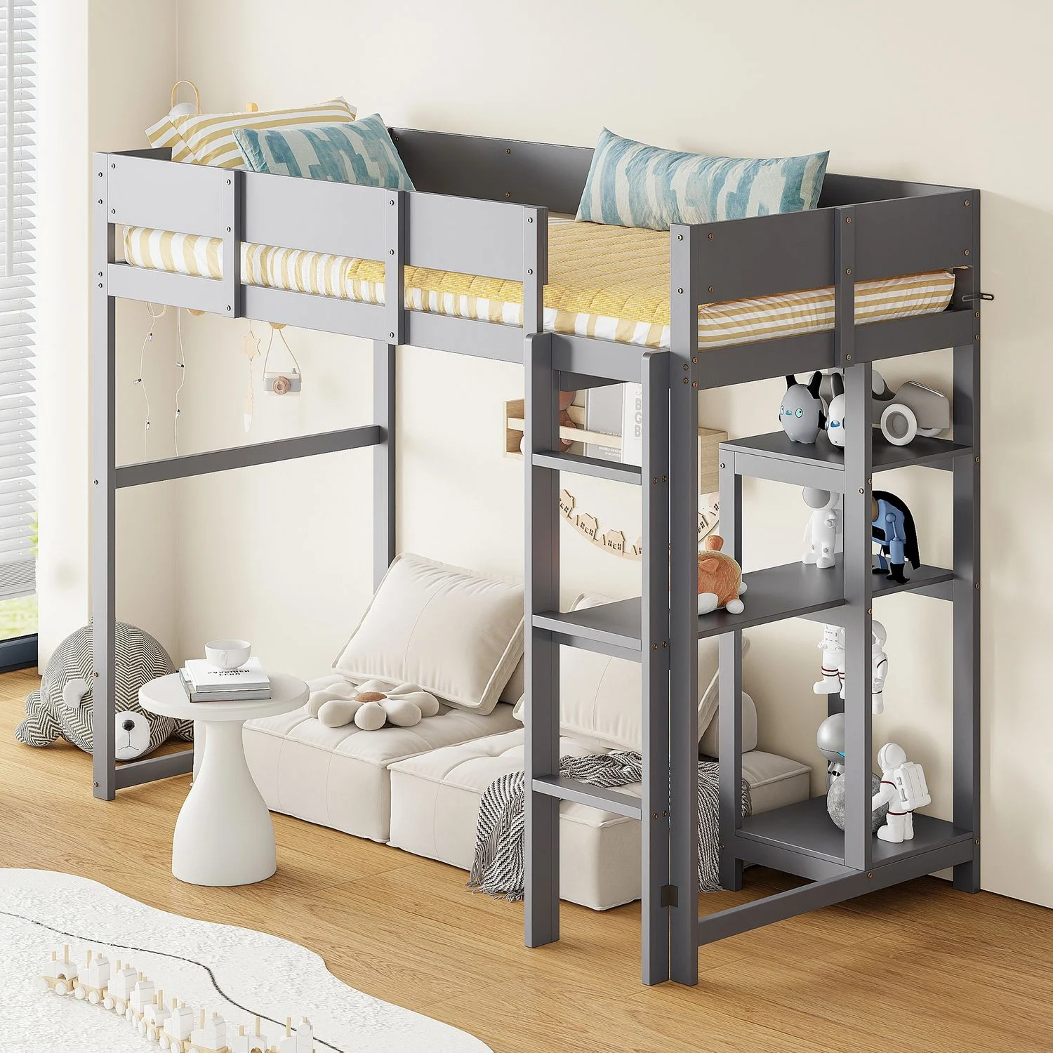 Hochbett mit Ablage 90 x 200 cm, Bettgestell aus massivem Kiefernholz mit Lattenrost,Bett für Kinder und Jugendliche Grau