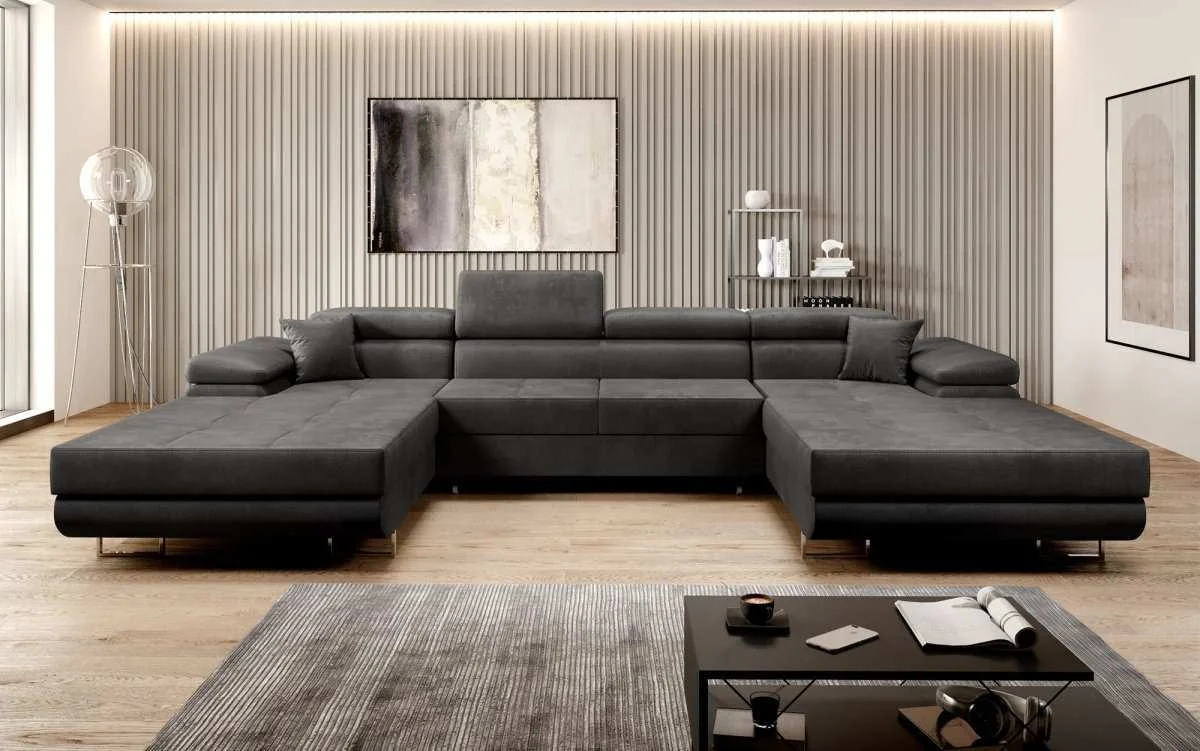 Designer Sofa Calvera U mit Schlaf- und Klappfunktion in Samt
