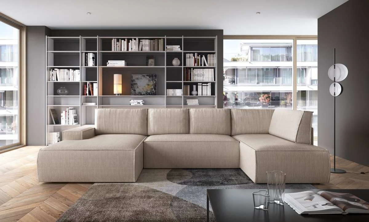 Designer Sofa Rondo Beige Cord mit Schlaffunktion