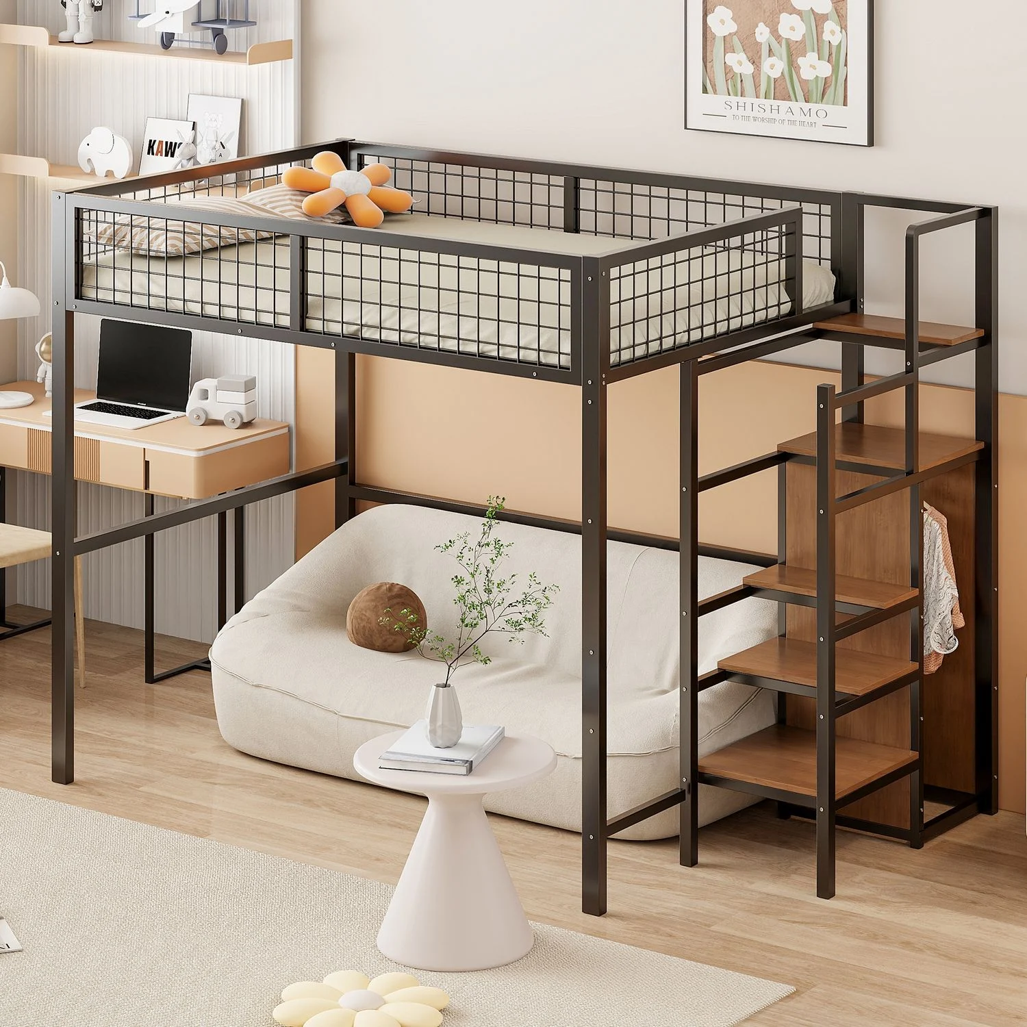 Hochbett 140*200 mit Leiter, Kinderbett mit Eisenrahmen und Aufbewahrungsregal, Kleiderschrank schwarz