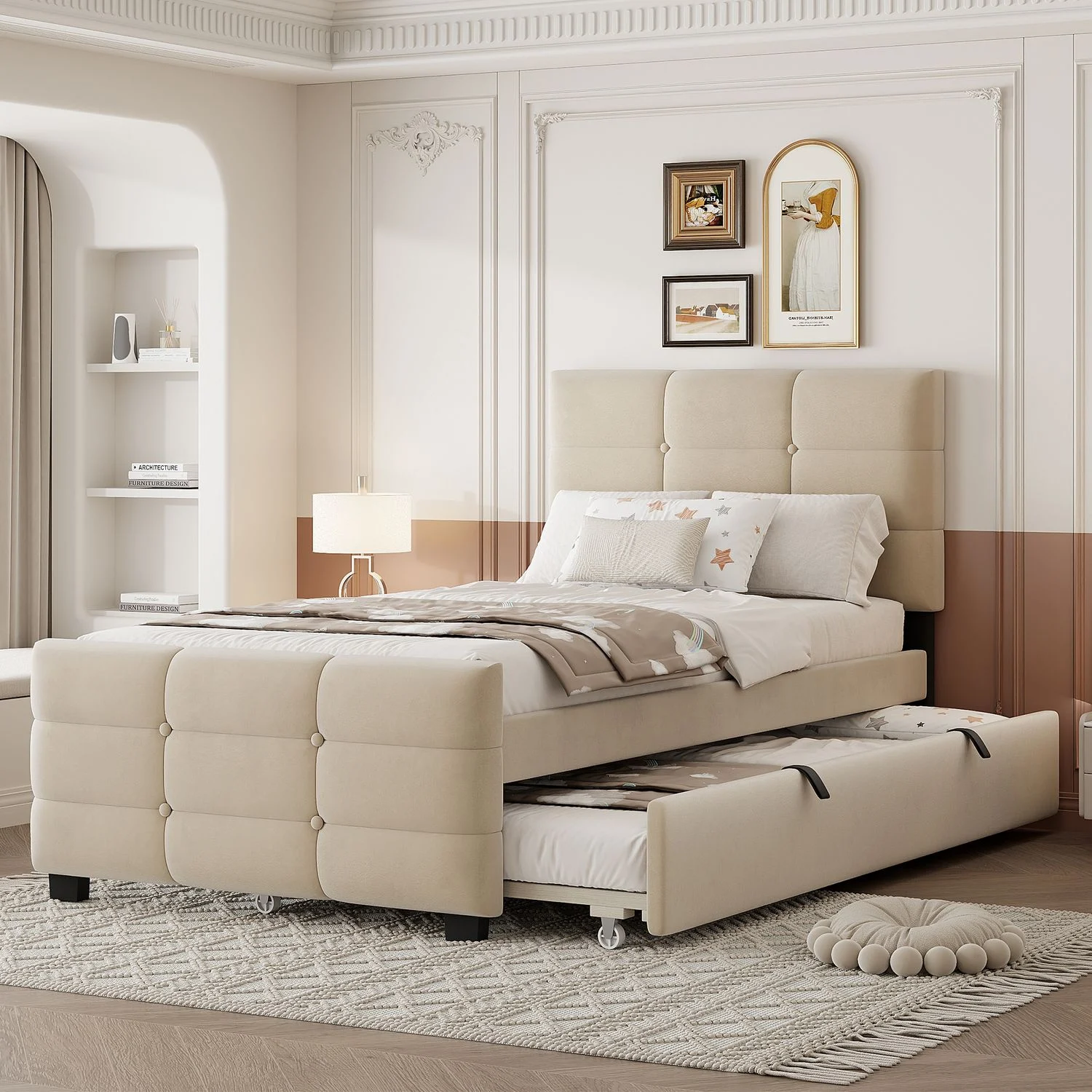 Polsterbett 90 x 190 cm mit Ausziehbett, flaches Einzelbett in hautfreundlichem Samtstoff Kinderbett Jugendbett Gästebett (beige)
