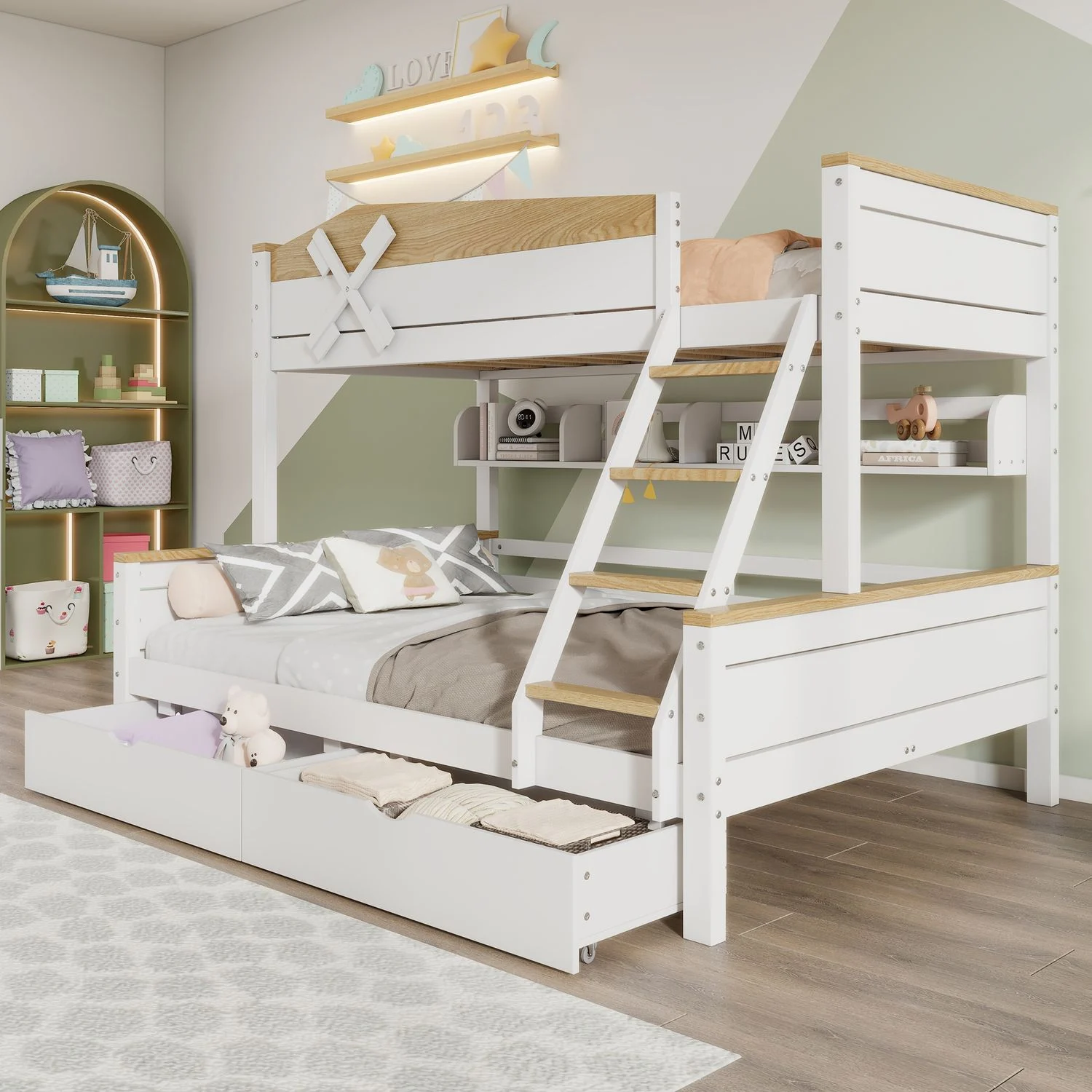 Etagenbett Kinderbett 90x200 140x200 mit Windmühle Schrägleiter Schubladen Regalen Kiefer MDF weiß natur Familienbett