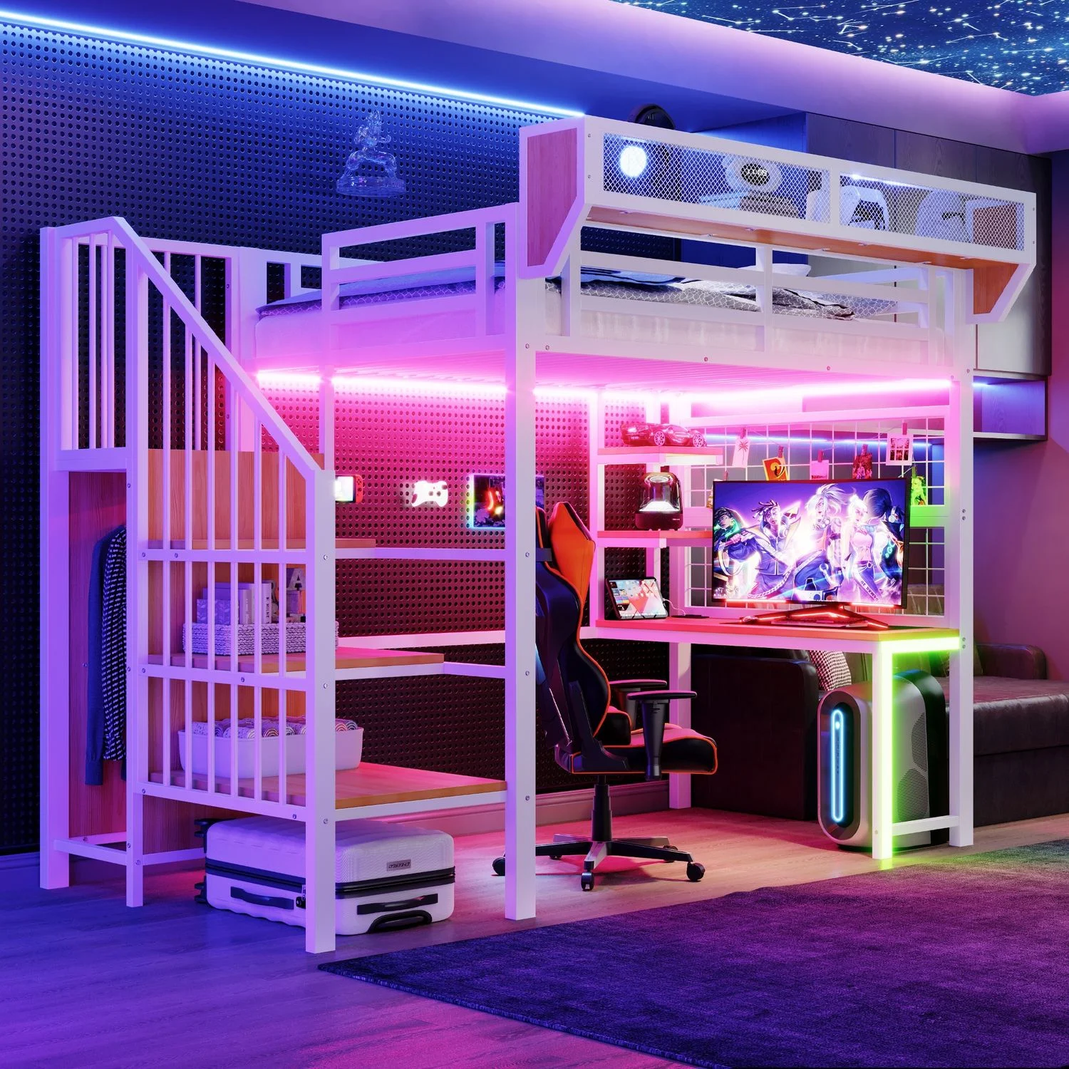 Metall-Hochbett 90 × 200 cm, Mit Schreibtisch, Regal und Aufbewahrungsnetz, Komplett Mit Sicherheitsleiter, LED-Beleuchtung und Steckdose, Erhöhtem Geländer, Weiß