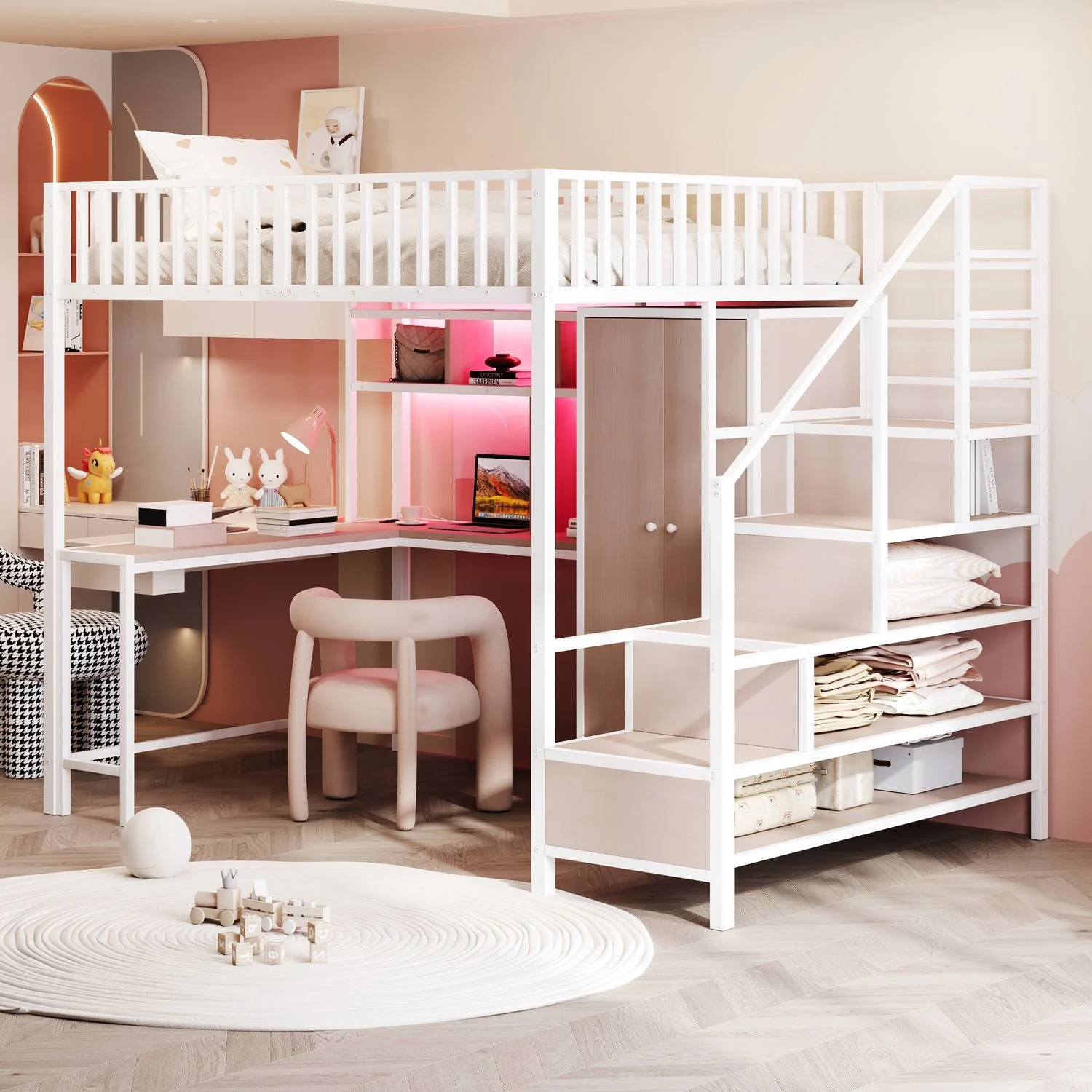 Metall-Hochbett mit Schreibtisch, Regal & Schrank, LED & USB-Anschluss, 140x200 cm, Weiß, ohne Matratze