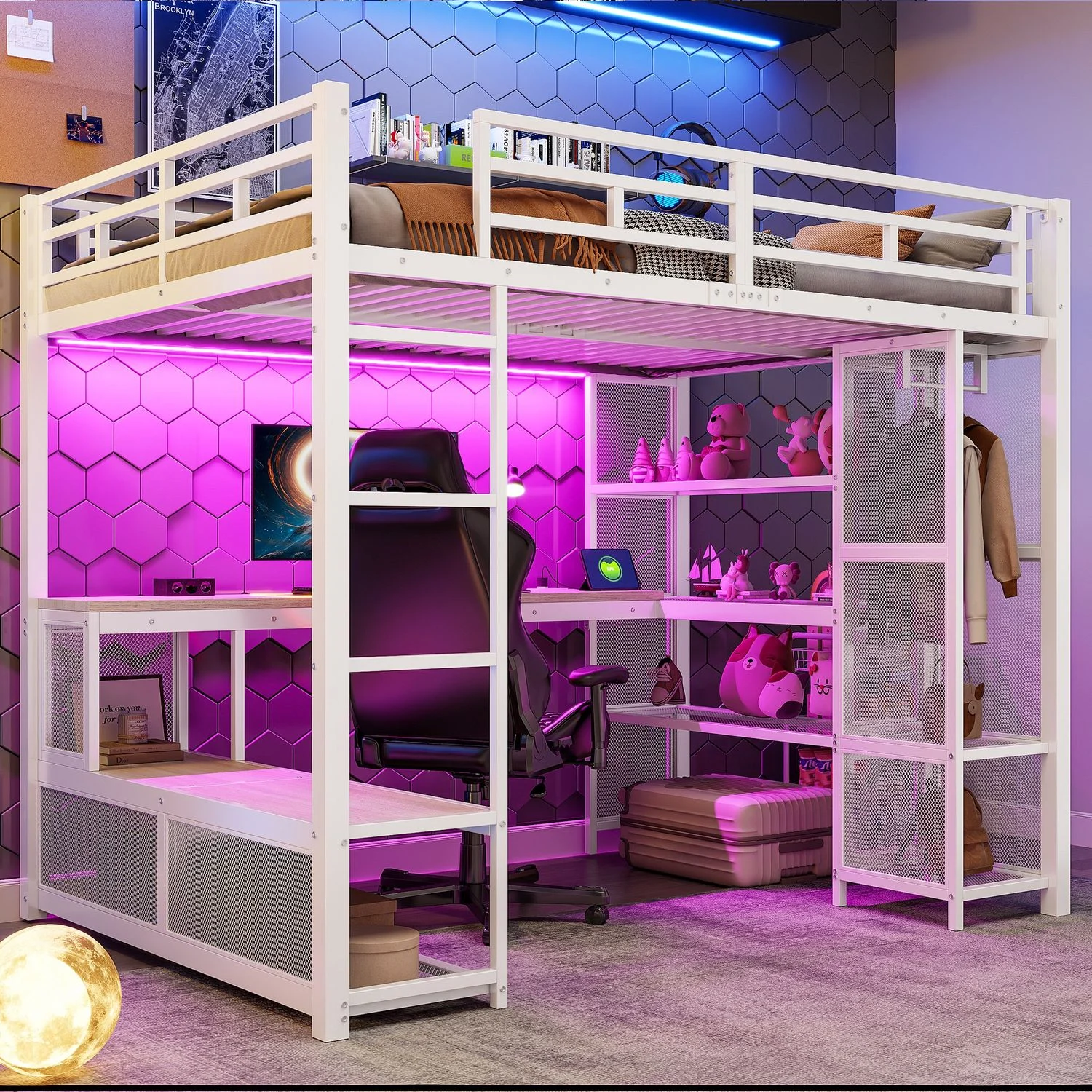Merax Hochbett Kinderbett 140x200cm Jugendbett mit Stauraum, offenem Kleiderschrank, USB-Anschluss und LED-Beleuchtung, Weiß