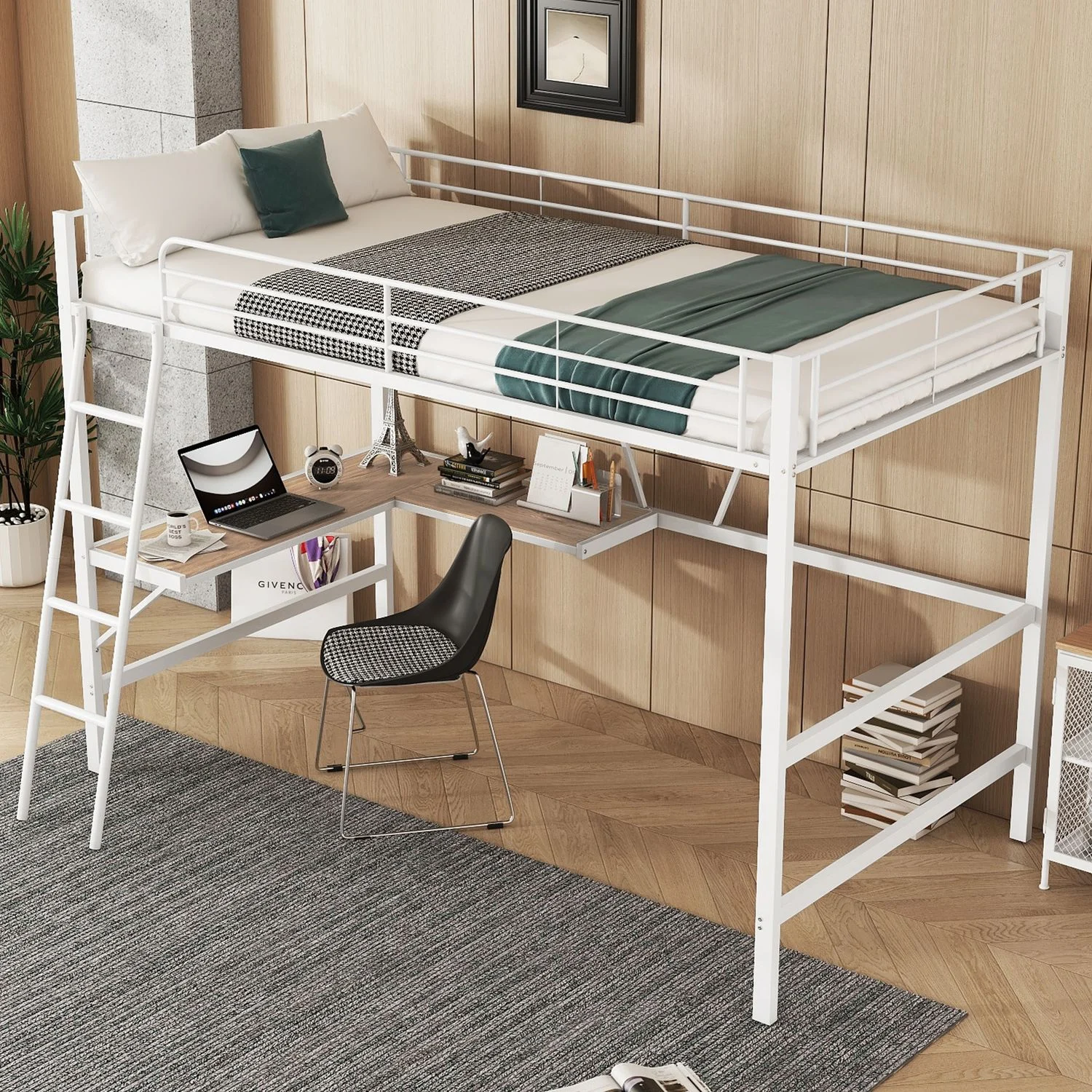 Hochbett 90x200 cm Metallbett mit L-förmigem Schreibtisch und Regal, Eisenbett mit stabiler Leiter, Jugendbett mit Stauraum,weiß