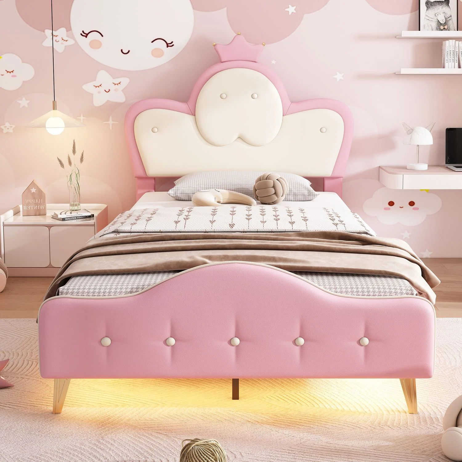 Kinderbett 90x200 cm, gepolstertes PU-Kopfteil mit Krone und einfarbiger LED, robuster Holz‑/Eisenrahmen, Weiß+Rosa